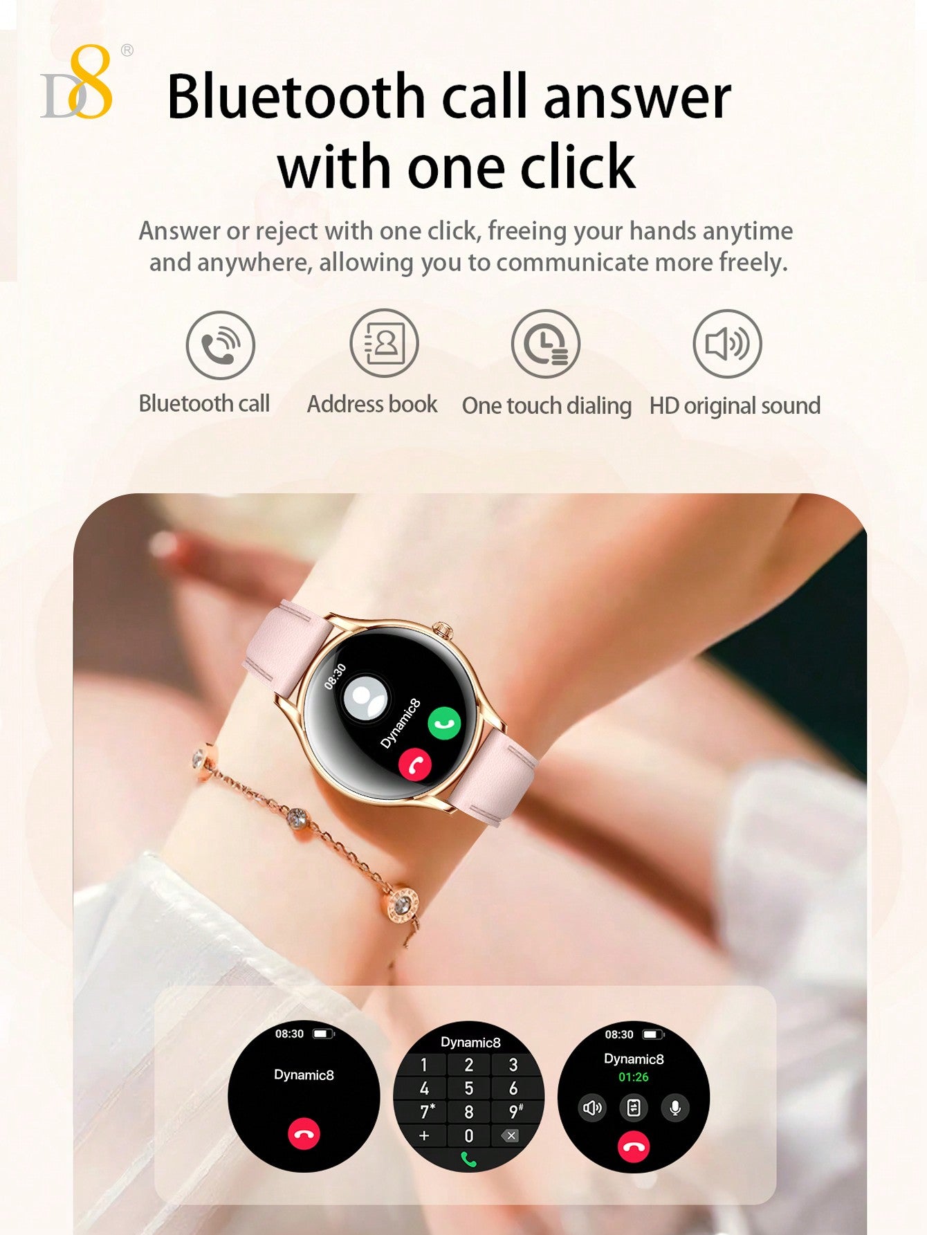 D8 여성 스마트워치 – 1.43” AMOLED 고화질 화면 / 통화 기능 / 100+ 스포츠 모드 / iOS & Android 호환