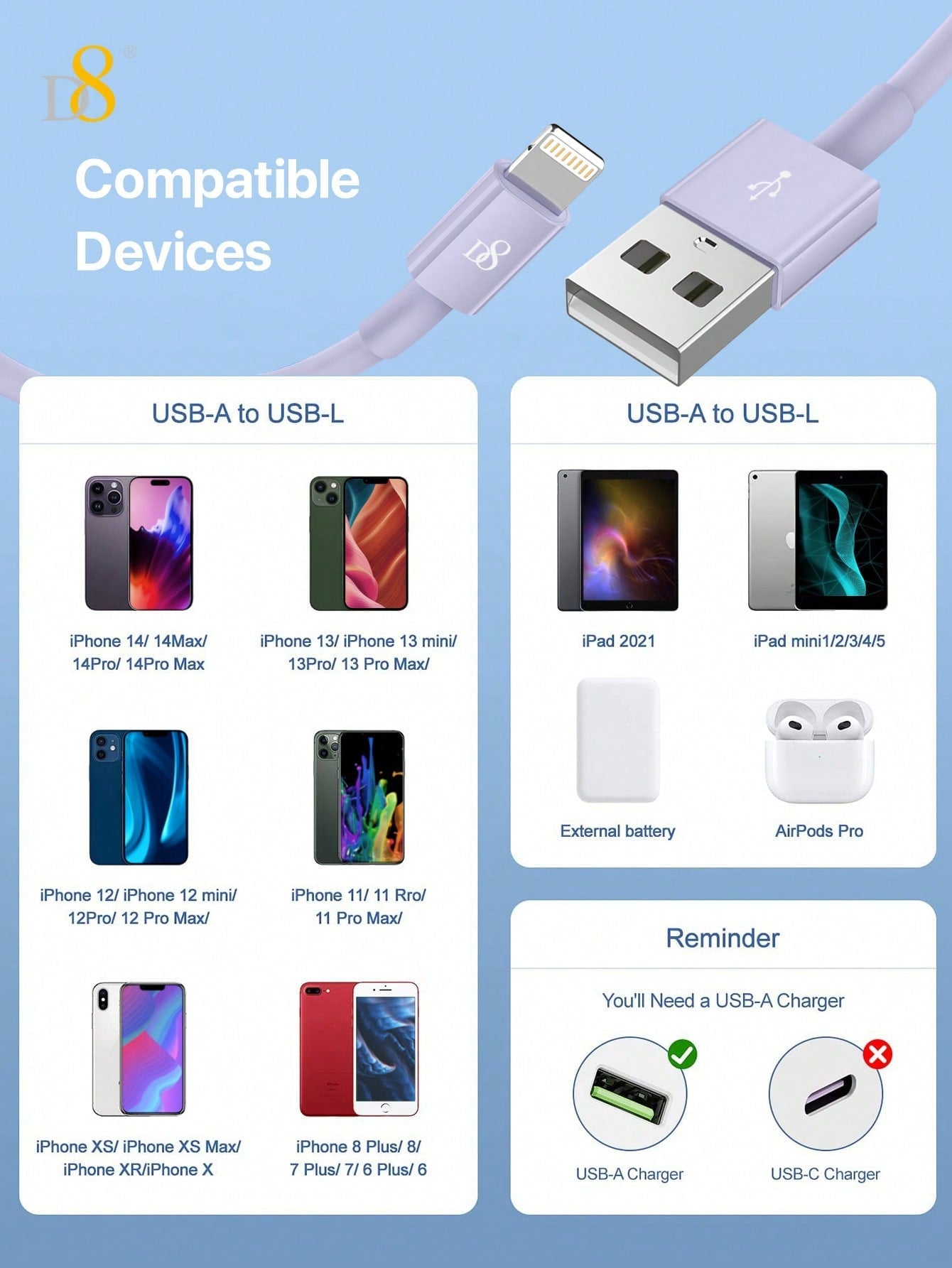 D8 MFi 인증 라이트닝 고속 충전 케이블 2.4A 고속충전 | 4가지 길이 옵션 | iPhone & iPad 완벽 호환