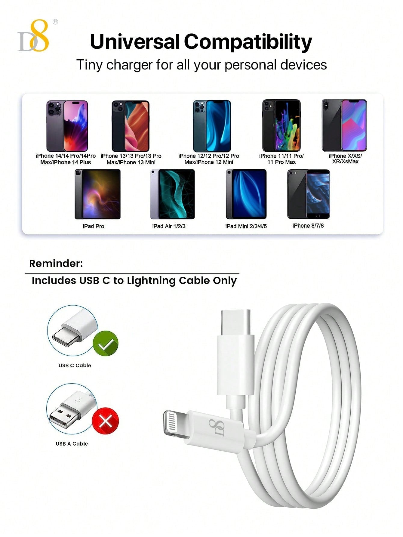 D8 USB-C to 라이트닝 케이블 MFi 인증 | PD 고속충전 | 1M 길이 | 아이폰·아이패드 전용