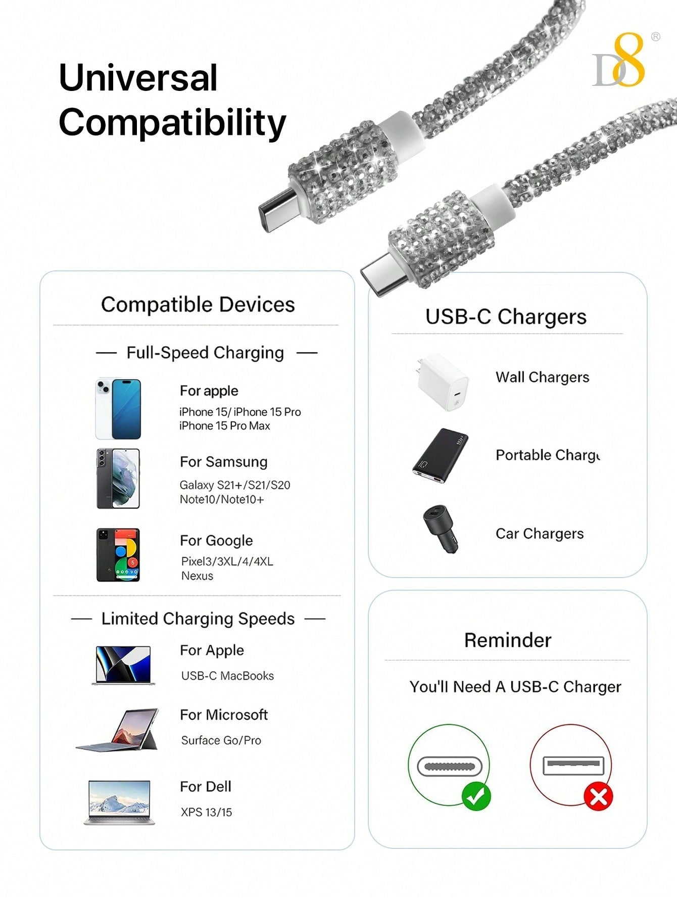 D8 USB-C 고속 충전 케이블 2개입 (3.3FT / 60W) iPhone 16 Pro / iPad / Galaxy S23+ 완벽 호환 | 크리스탈 장식 디자인 | 고속 데이터 전송 지원