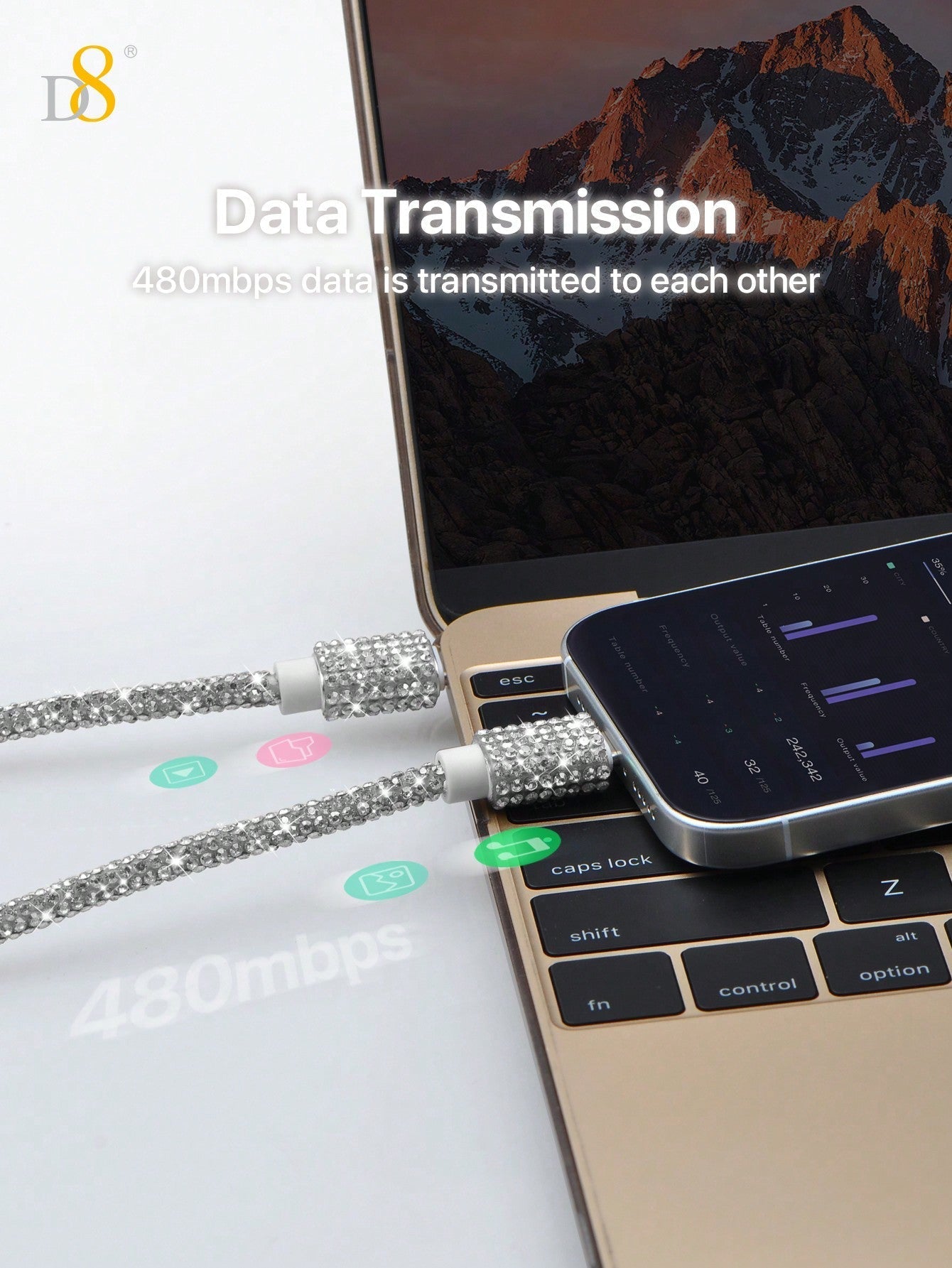 D8 USB-C 고속 충전 케이블 2개입 (3.3FT / 60W) iPhone 16 Pro / iPad / Galaxy S23+ 완벽 호환 | 크리스탈 장식 디자인 | 고속 데이터 전송 지원