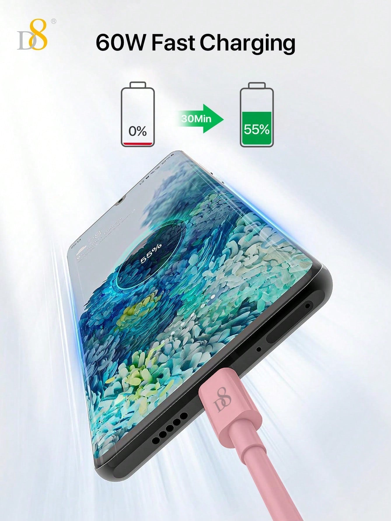 D8 USB-C to USB-C 고속 충전 케이블 (0.83FT / 25cm) 아이폰, 갤럭시, 아이패드까지 빠르고 안정적인 60W 초고속 충전!