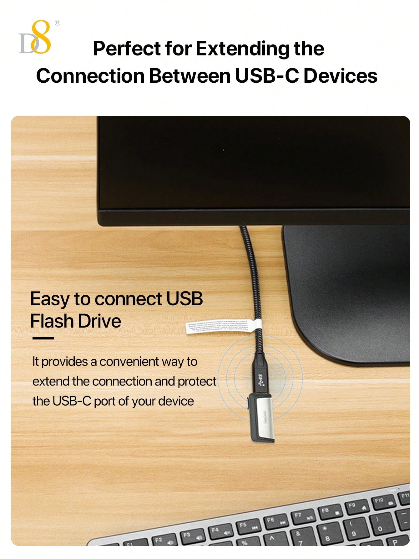 D8 USB 3.1 Type-C 연장 케이블 (수-암) 10Gbps 초고속 전송 | 4K UHD 지원 | iPhone 16 & iPad Pro 호환 | 내구성 강화 | 범용 확장 케이블