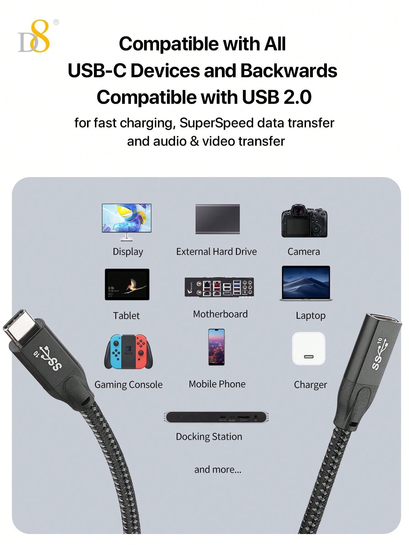 D8 USB 3.1 Type-C 연장 케이블 (수-암) 10Gbps 초고속 전송 | 4K UHD 지원 | iPhone 16 & iPad Pro 호환 | 내구성 강화 | 범용 확장 케이블