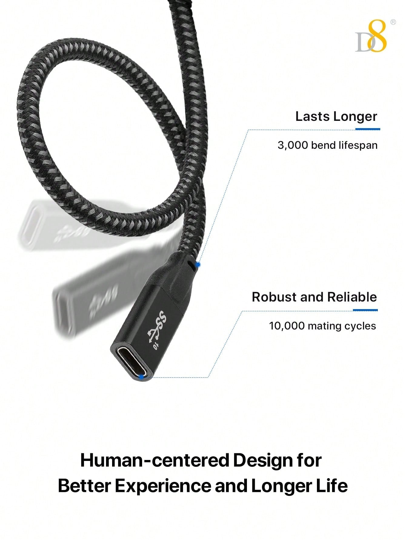 D8 USB 3.1 Type-C 연장 케이블 (수-암) 10Gbps 초고속 전송 | 4K UHD 지원 | iPhone 16 & iPad Pro 호환 | 내구성 강화 | 범용 확장 케이블