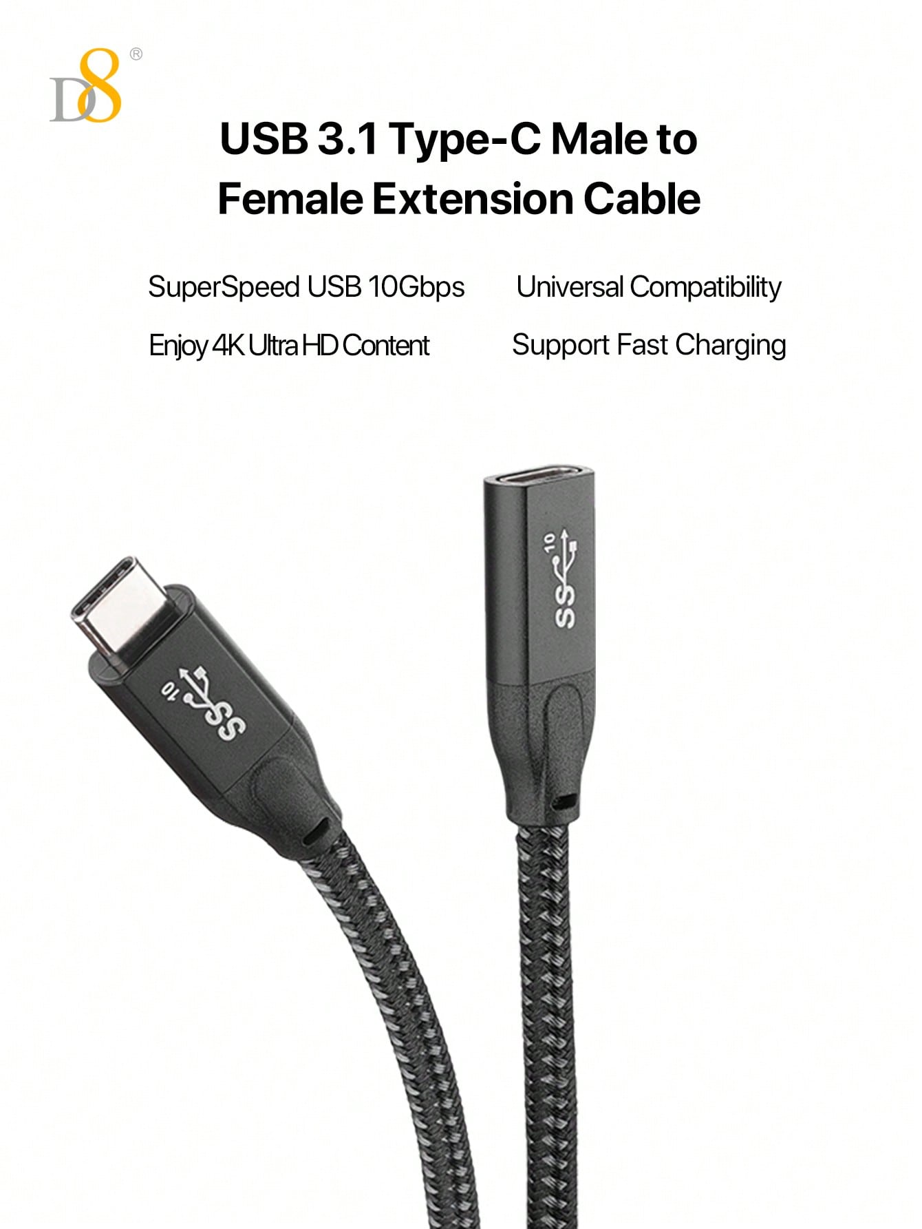 D8 USB 3.1 Type-C 연장 케이블 (수-암) 10Gbps 초고속 전송 | 4K UHD 지원 | iPhone 16 & iPad Pro 호환 | 내구성 강화 | 범용 확장 케이블