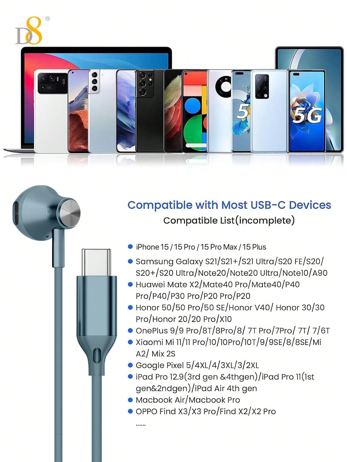 D8 USB-C 인이어 이어폰 HiFi 스테레오 사운드 & 핸즈프리 통화 아이폰 16, 갤럭시 S23, 아이패드 완벽 호환!