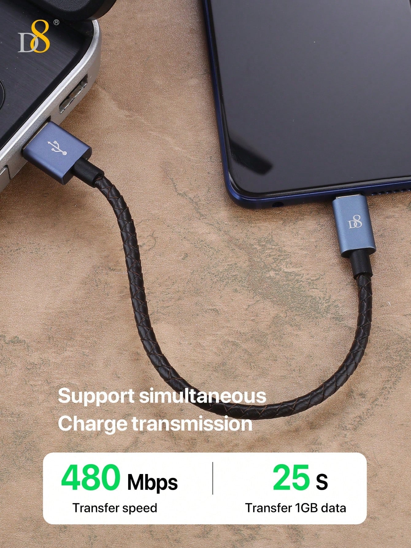 D8 프리미엄 천연 가죽 USB-C 고속 충전 케이블 (0.2m / 60W) 스타일과 속도 모두를 갖춘 초슬림 타입 | USB-A to USB-C | iPhone·Galaxy·Moto 호환