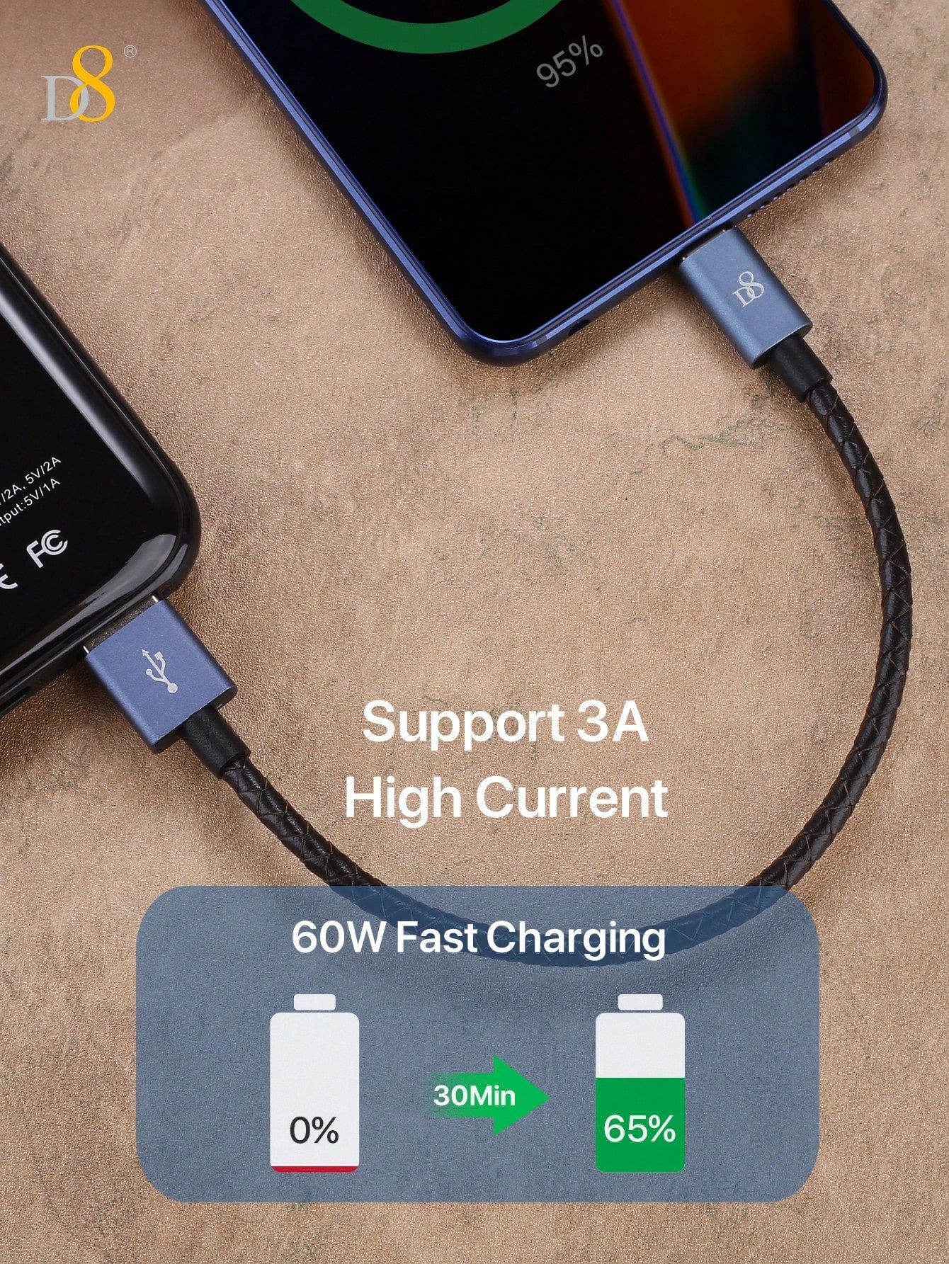 D8 프리미엄 천연 가죽 USB-C 고속 충전 케이블 (0.2m / 60W) 스타일과 속도 모두를 갖춘 초슬림 타입 | USB-A to USB-C | iPhone·Galaxy·Moto 호환
