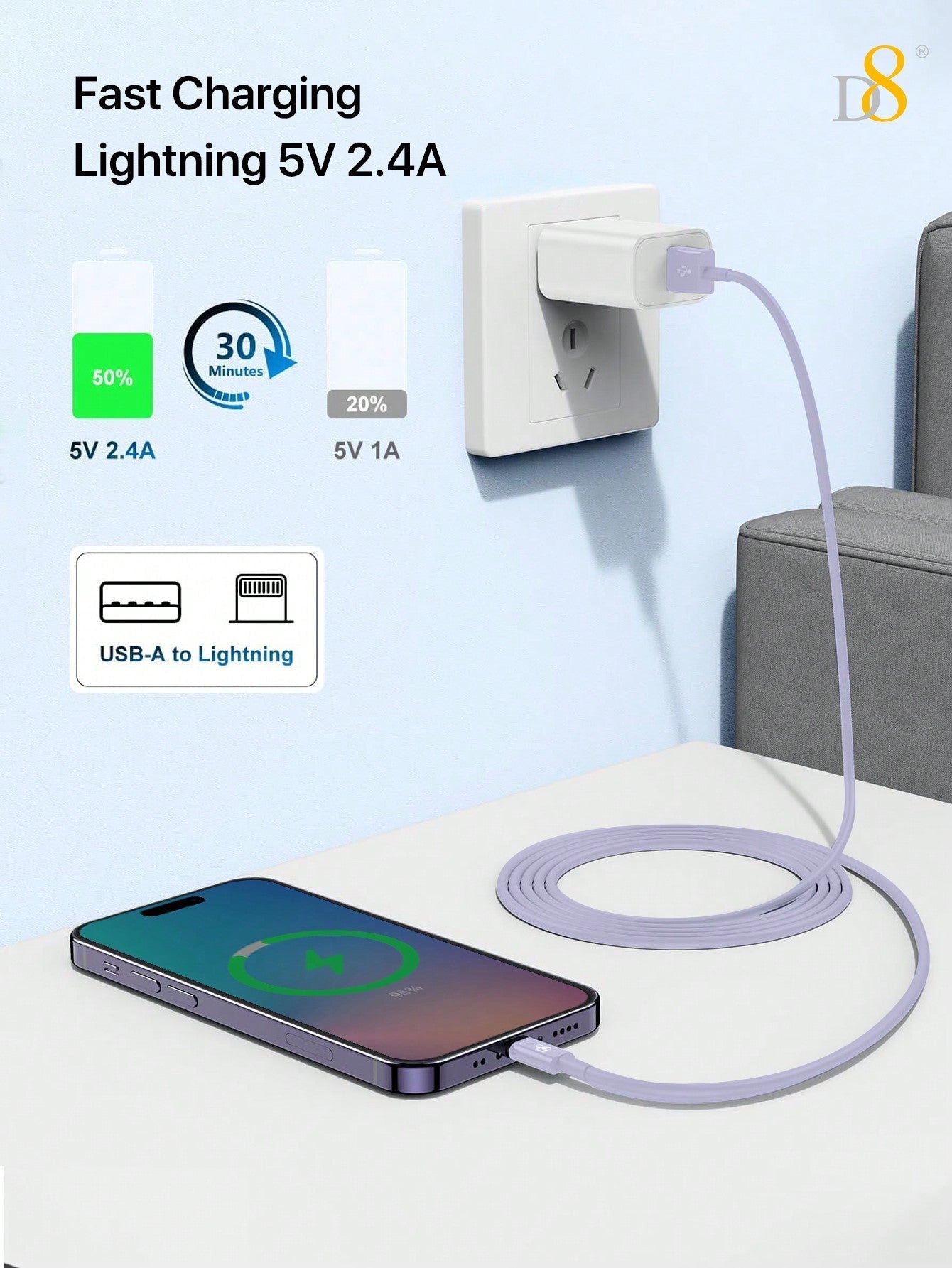 D8 MFi 인증 라이트닝 고속 충전 케이블 2.4A 고속충전 | 4가지 길이 옵션 | iPhone & iPad 완벽 호환