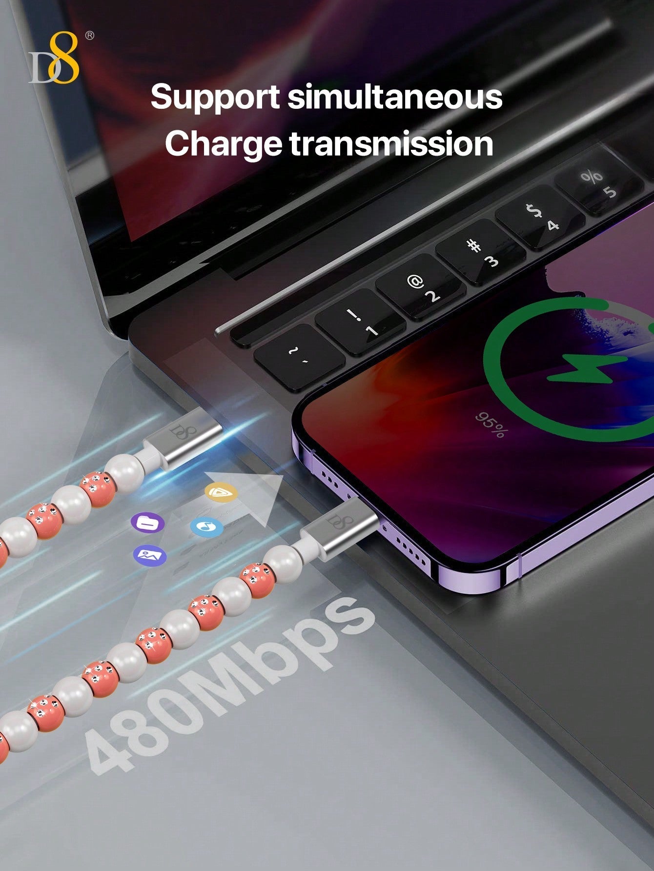 D8 USB-C to C 고속 충전 케이블 (PD 60W, 3.3ft) 아이폰 15 / 갤럭시 S22 / 아이패드 프로 / 맥북 대응 | 내구성 강화 브레이드 케이블