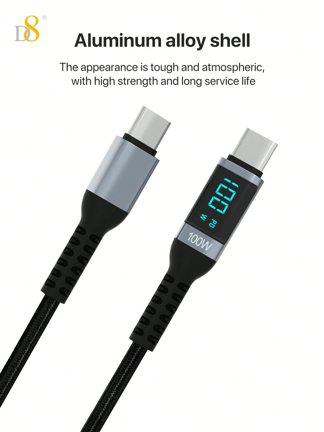 D8 USB-C 고속 충전 케이블 1.2m | 최대 100W / 5A 고속충전 | LED 전력 디스플레이 | 나일론 편조 | iPhone & Samsung 호환
