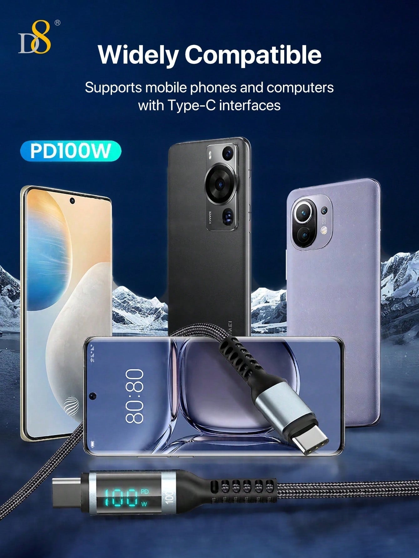 D8 USB-C 고속 충전 케이블 1.2m | 최대 100W / 5A 고속충전 | LED 전력 디스플레이 | 나일론 편조 | iPhone & Samsung 호환