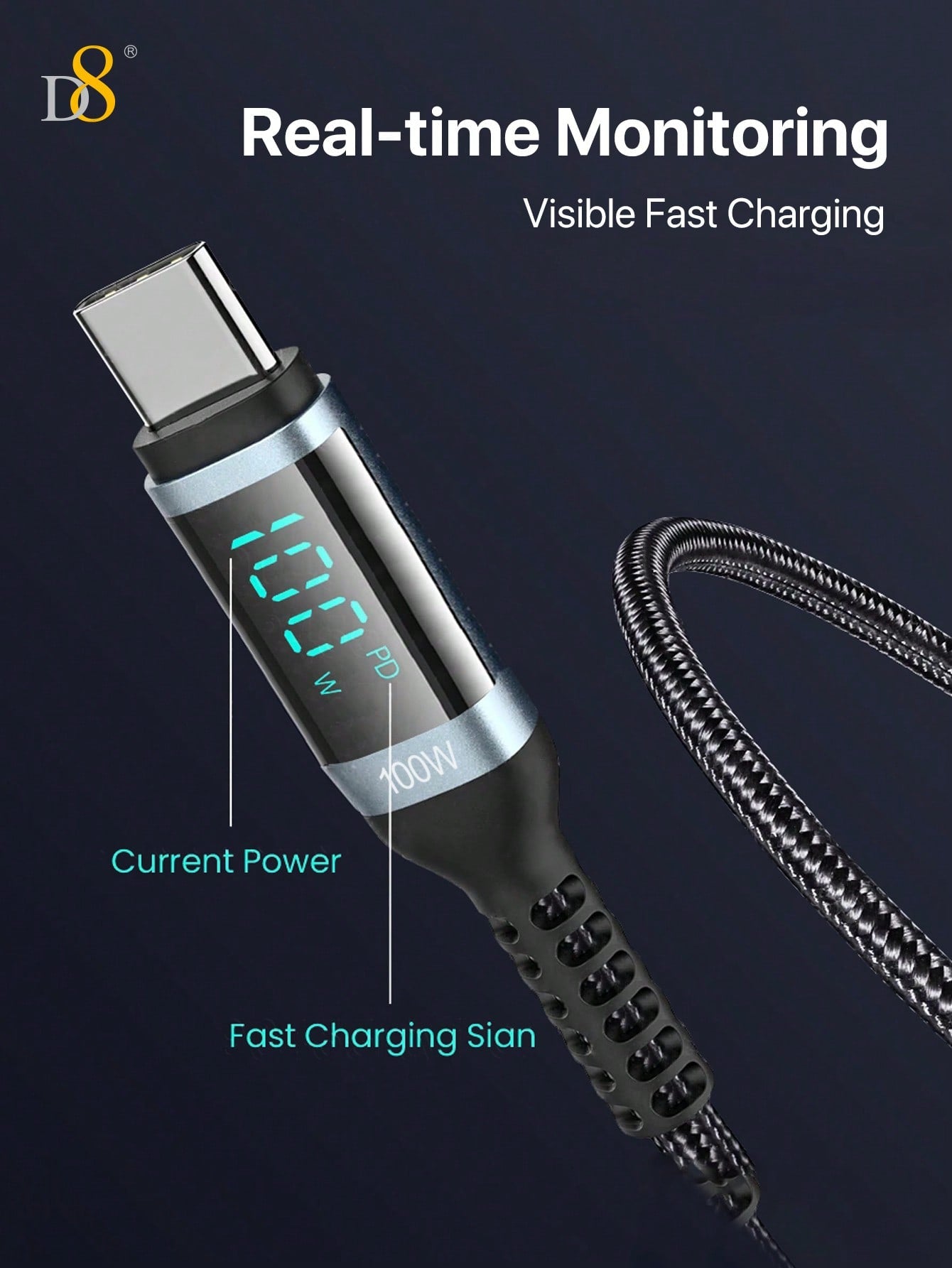 D8 USB-C 고속 충전 케이블 1.2m | 최대 100W / 5A 고속충전 | LED 전력 디스플레이 | 나일론 편조 | iPhone & Samsung 호환