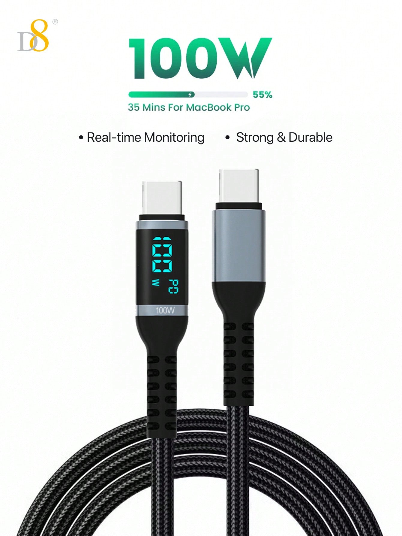 D8 USB-C 고속 충전 케이블 1.2m | 최대 100W / 5A 고속충전 | LED 전력 디스플레이 | 나일론 편조 | iPhone & Samsung 호환