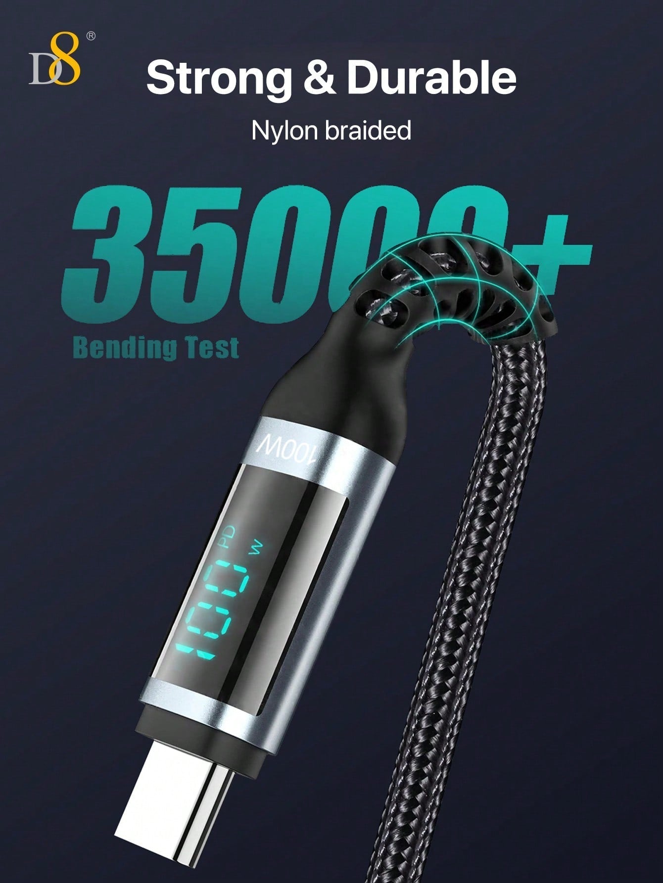 D8 USB-C 고속 충전 케이블 1.2m | 최대 100W / 5A 고속충전 | LED 전력 디스플레이 | 나일론 편조 | iPhone & Samsung 호환