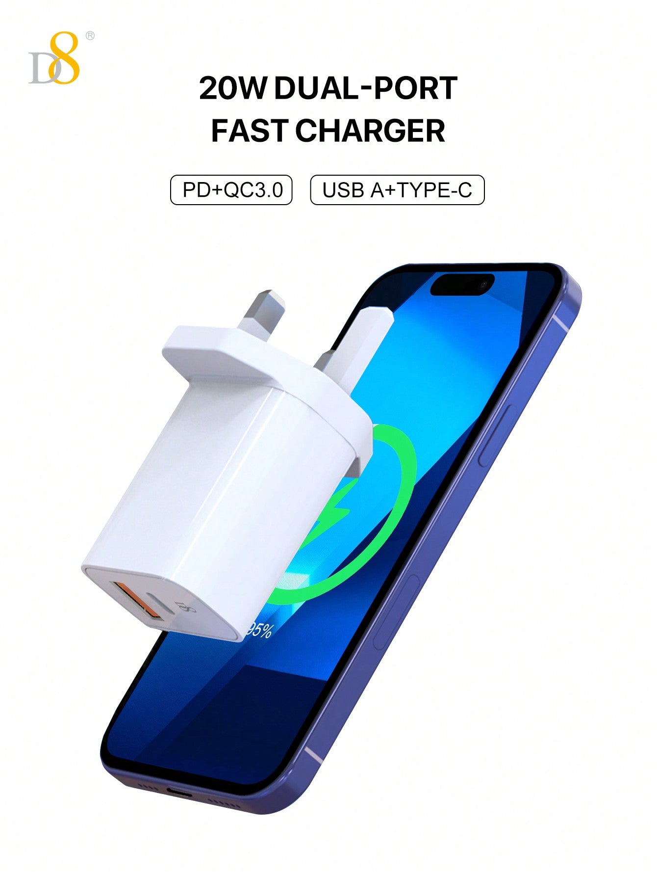D8 20W PD + QC 3.0 듀얼 포트 USB-C 고속 충전기 아이폰 15 · 아이패드 · 갤럭시 · 에어팟 등 전기기기 호환 | 고속충전 | 휴대성 뛰어남
