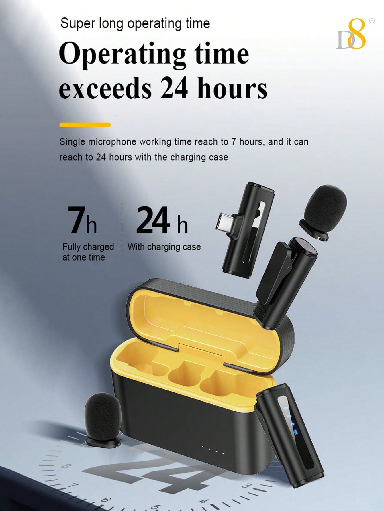 D8 무선 라발리에 마이크 (USB-C 타입) 초고음질 자동 싱크 & 노이즈 캔슬링 / 최대 24시간 녹음 / iPhone 15 & Android 완벽 호환