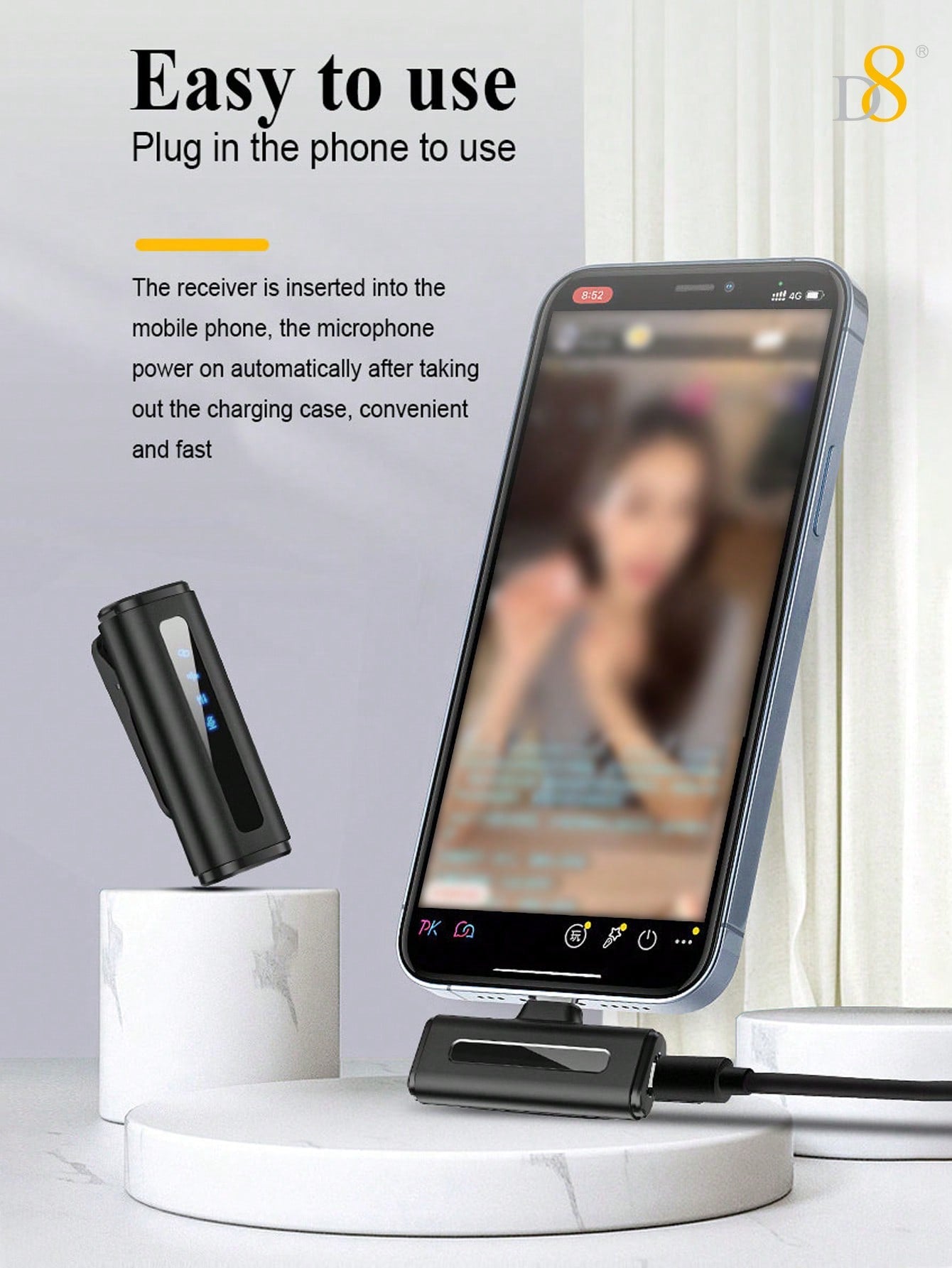 D8 무선 라발리에 마이크 (USB-C 타입) 초고음질 자동 싱크 & 노이즈 캔슬링 / 최대 24시간 녹음 / iPhone 15 & Android 완벽 호환