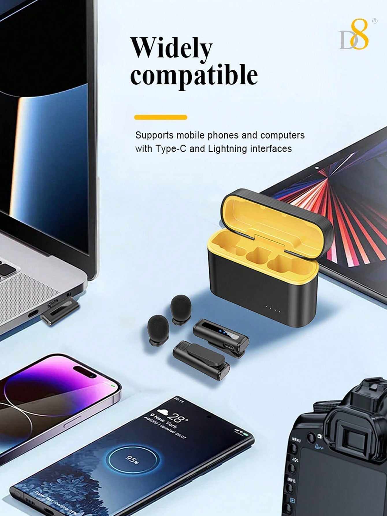 D8 무선 라발리에 마이크 (USB-C 타입) 초고음질 자동 싱크 & 노이즈 캔슬링 / 최대 24시간 녹음 / iPhone 15 & Android 완벽 호환