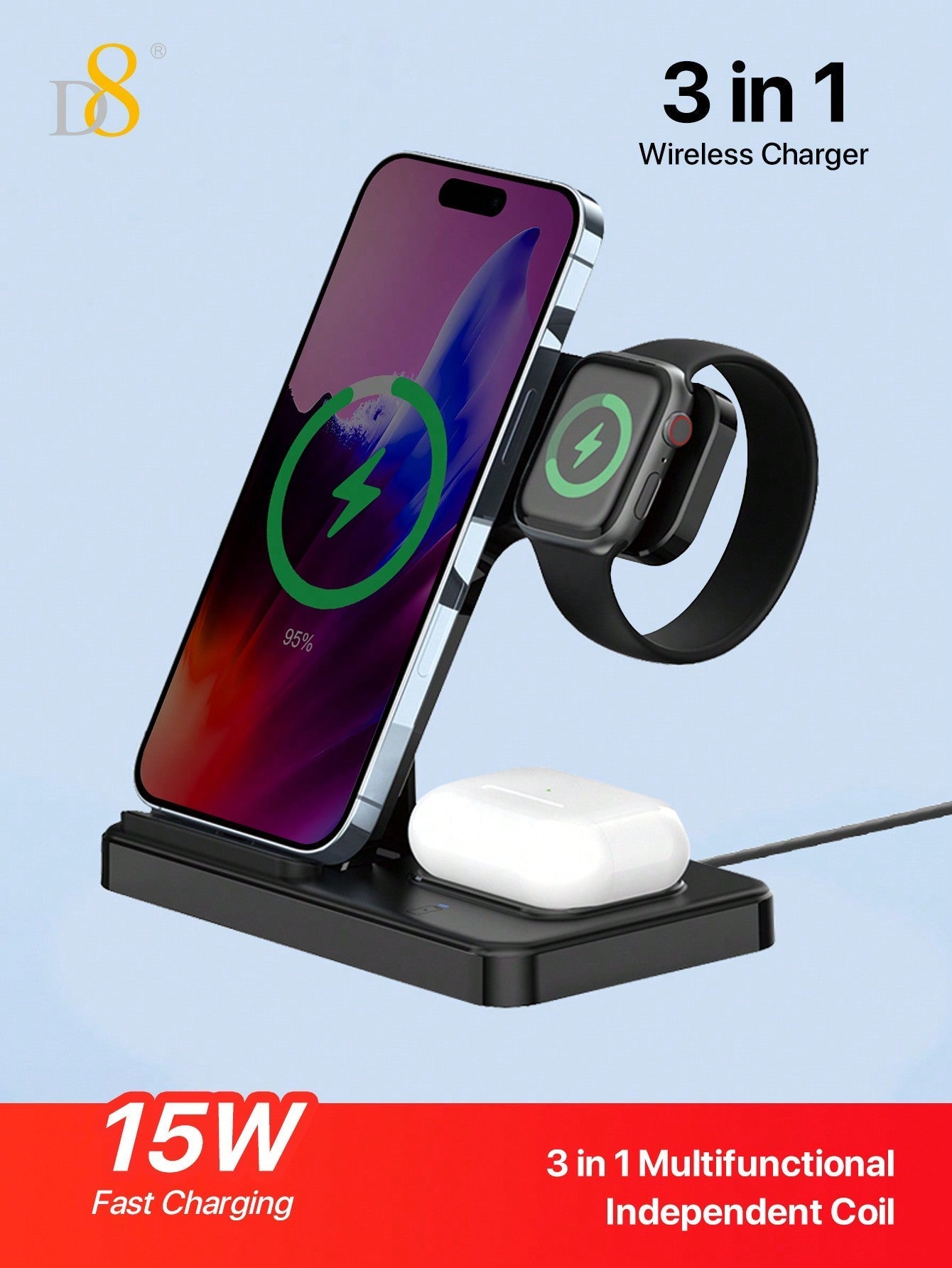 D8 3-in-1 무선 충전기 iPhone + Apple Watch + AirPods 동시 충전 | 애플 유저 필수템 | 선물용 추천