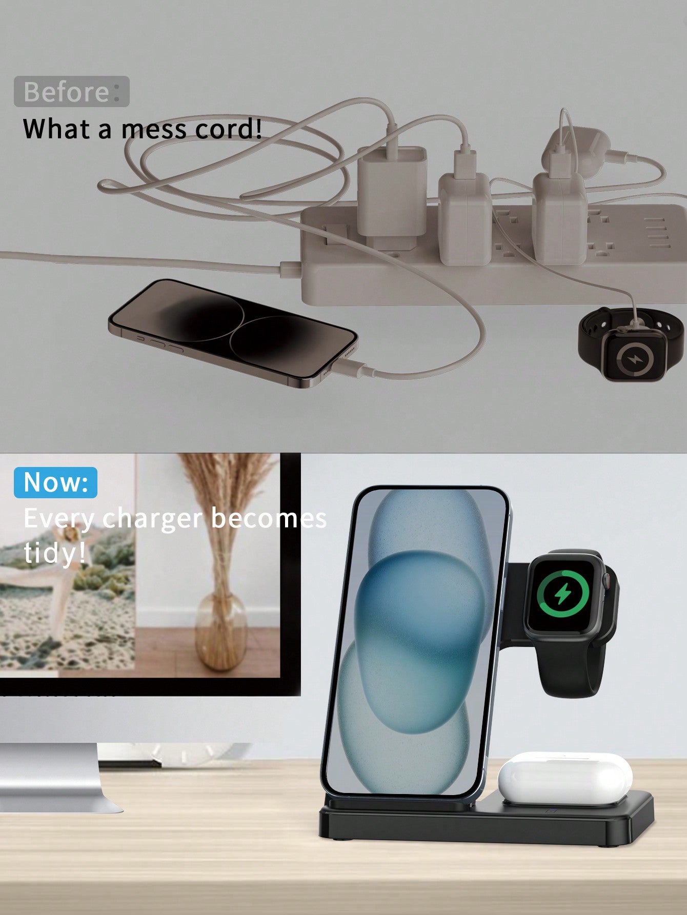 D8 3-in-1 무선 충전기 iPhone + Apple Watch + AirPods 동시 충전 | 애플 유저 필수템 | 선물용 추천