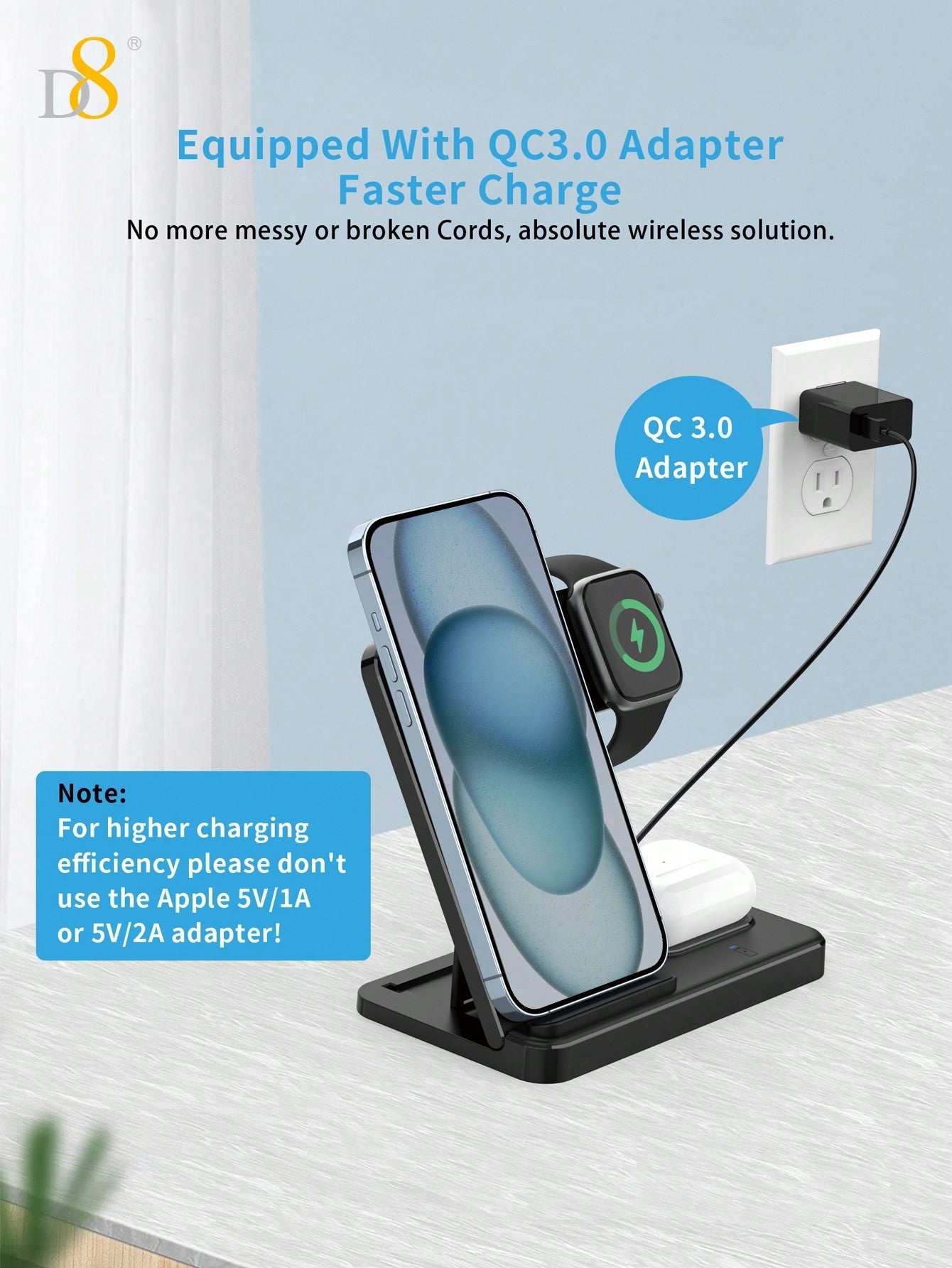 D8 3-in-1 무선 충전기 iPhone + Apple Watch + AirPods 동시 충전 | 애플 유저 필수템 | 선물용 추천