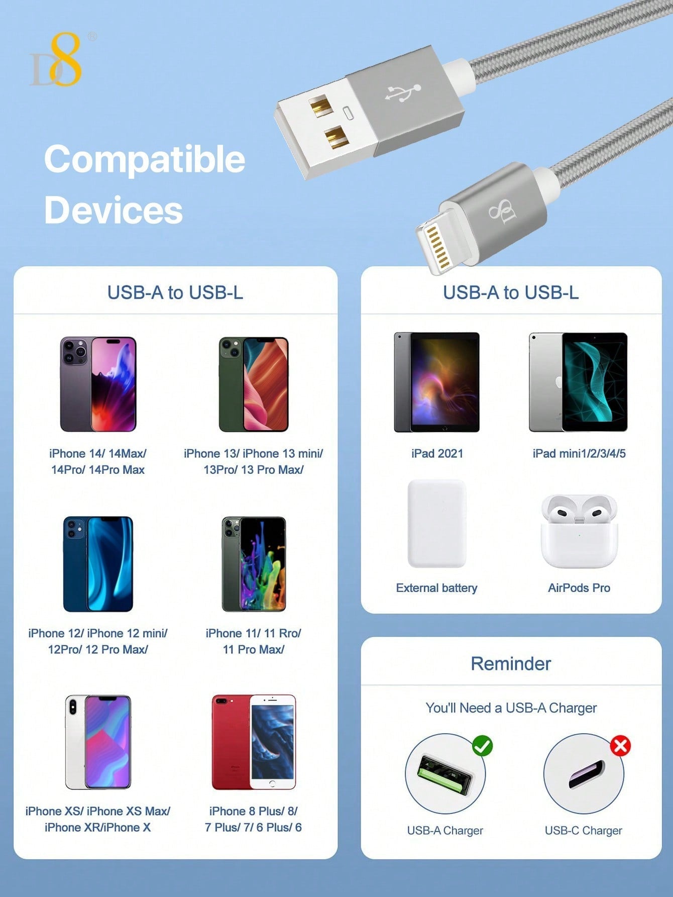 D8 프리미엄 나일론 라이트닝 케이블 3.3ft / MFi 공식 인증 / 빠른 충전 & 데이터 전송 / iPhone·iPad 전용