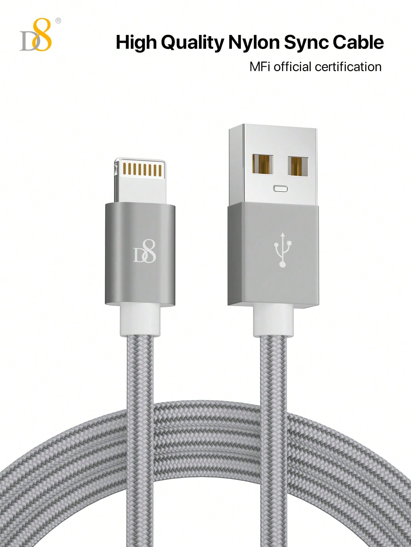 D8 프리미엄 나일론 라이트닝 케이블 3.3ft / MFi 공식 인증 / 빠른 충전 & 데이터 전송 / iPhone·iPad 전용