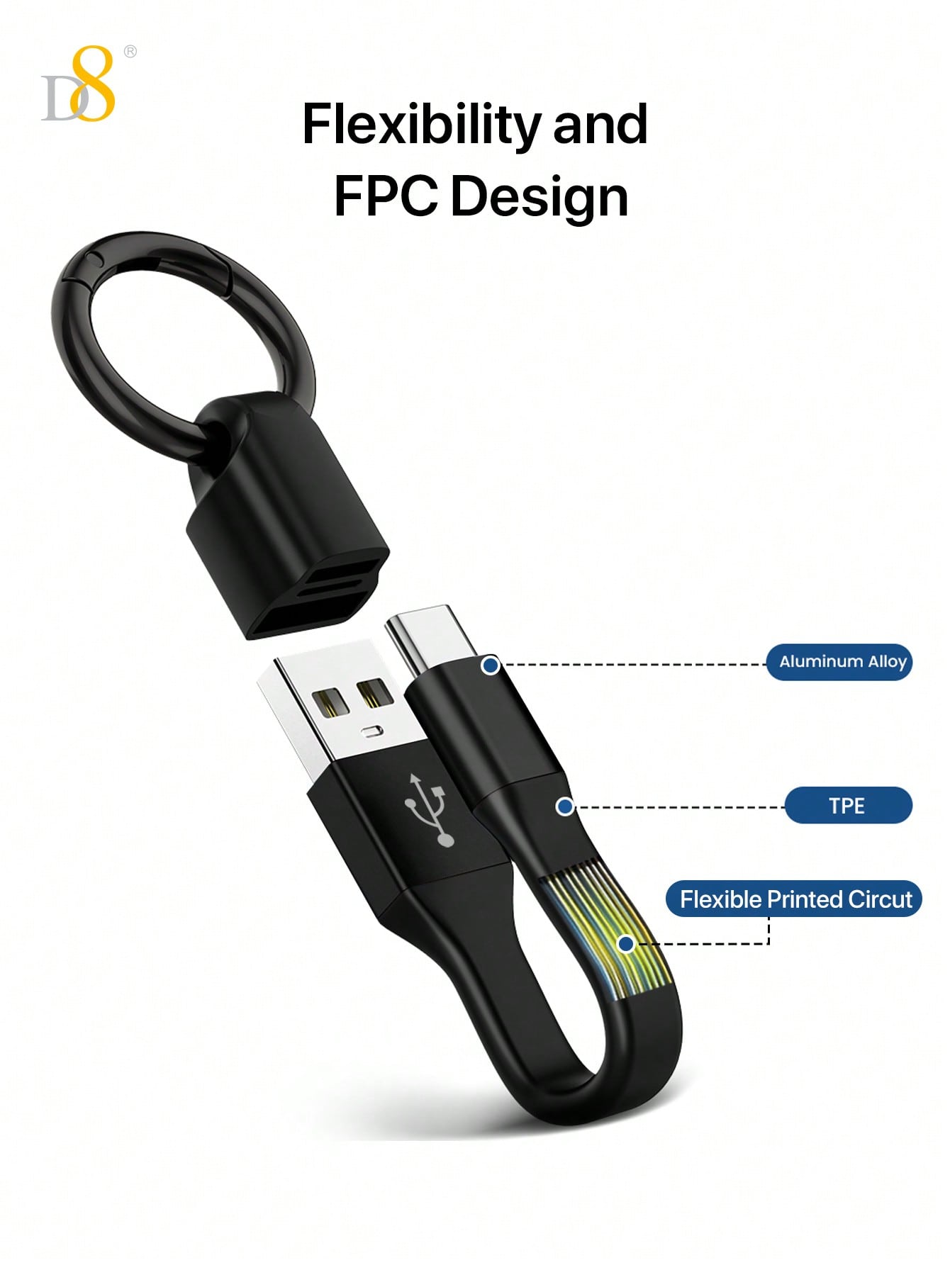 D8 USB-C 키체인 케이블 초소형 10cm | 고속 480Mbps 전송 | 충전 & 데이터 겸용 | USB A to C | 휴대용 케이블