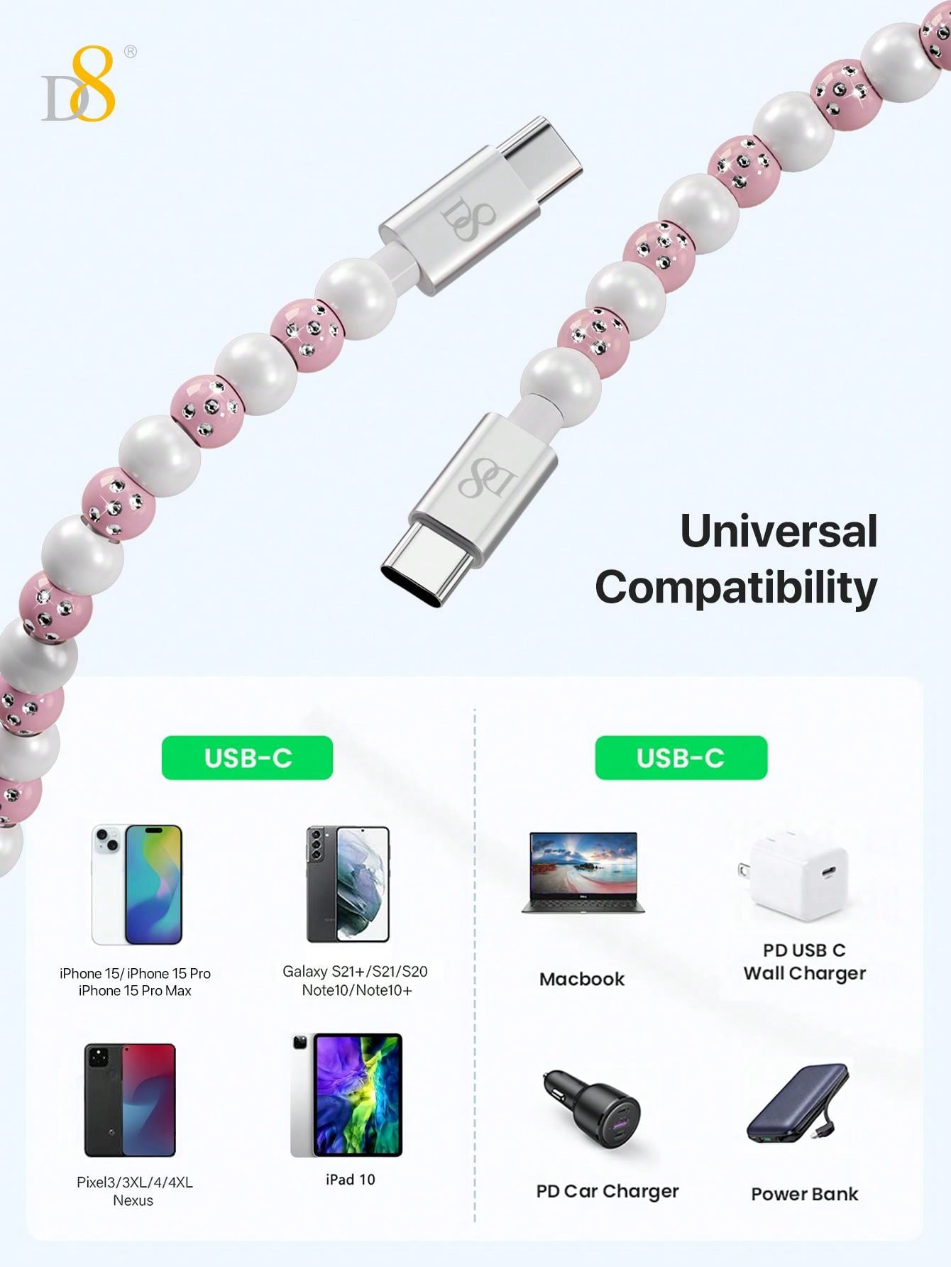 D8 USB-C to C 고속 충전 케이블 (3.3ft / 1M) 최대 60W PD 지원 / 비즈 브레이디드 내구성 / 아이폰 15 & 갤럭시 S22 완벽 호환