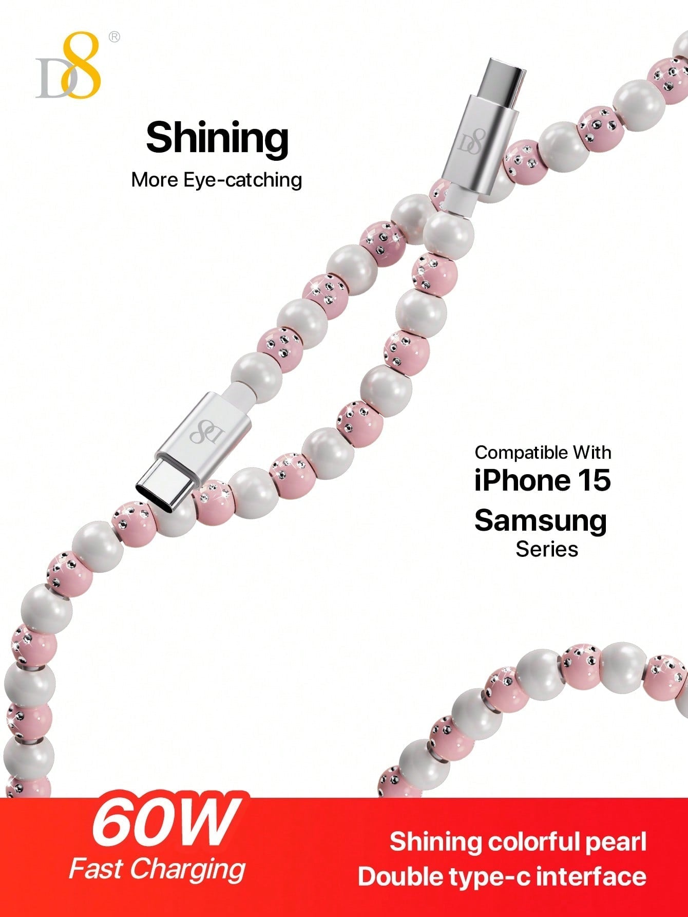 D8 USB-C to C 고속 충전 케이블 (3.3ft / 1M) 최대 60W PD 지원 / 비즈 브레이디드 내구성 / 아이폰 15 & 갤럭시 S22 완벽 호환