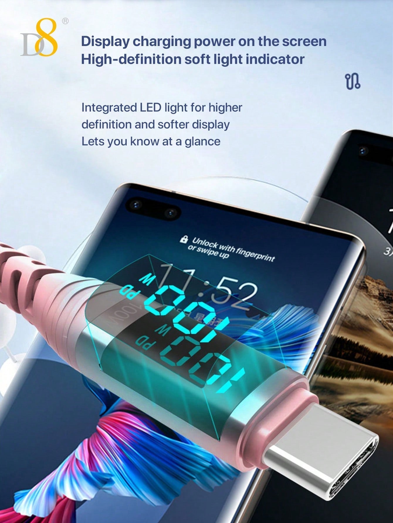 D8 USB-C to USB-C 고속충전 케이블 100W / 5A PD지원 | LED 실시간 전력 디스플레이 | 아이폰·갤럭시·아이패드 호환