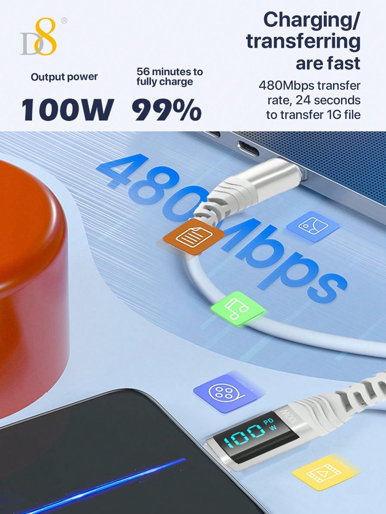 D8 USB-C to USB-C 고속충전 케이블 100W / 5A PD지원 | LED 실시간 전력 디스플레이 | 아이폰·갤럭시·아이패드 호환