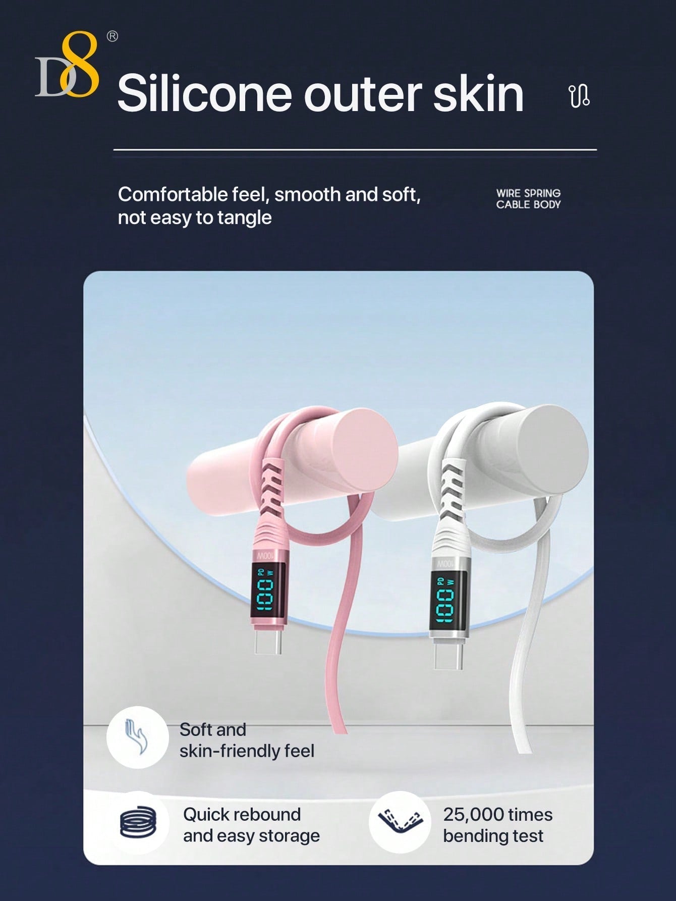 D8 USB-C to USB-C 고속충전 케이블 100W / 5A PD지원 | LED 실시간 전력 디스플레이 | 아이폰·갤럭시·아이패드 호환