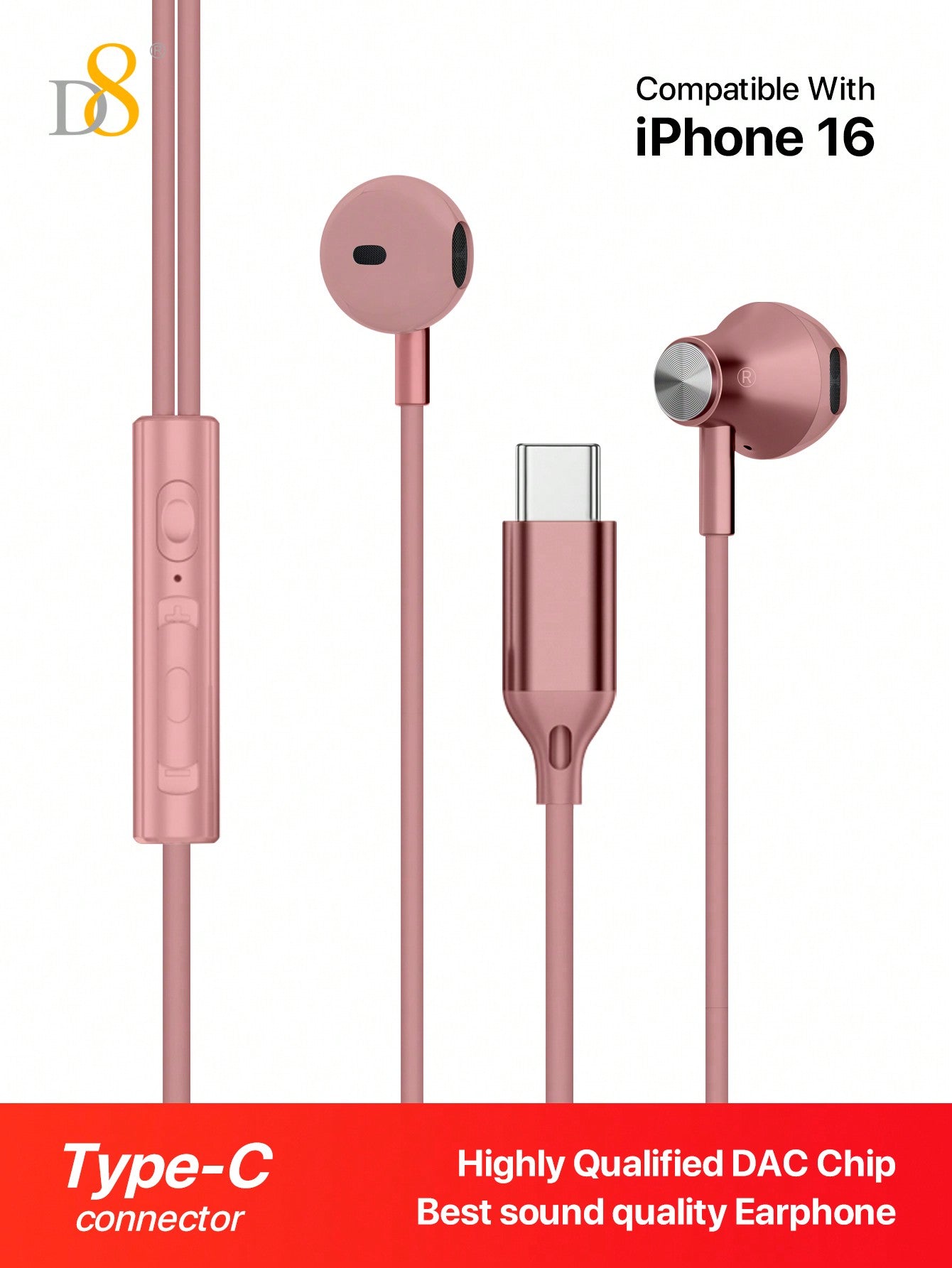 D8 USB-C 인이어 이어폰 iPhone 16 / iPad / Galaxy 시리즈 호환 | Hi-Fi 사운드 | 마이크 & 볼륨 컨트롤 탑재