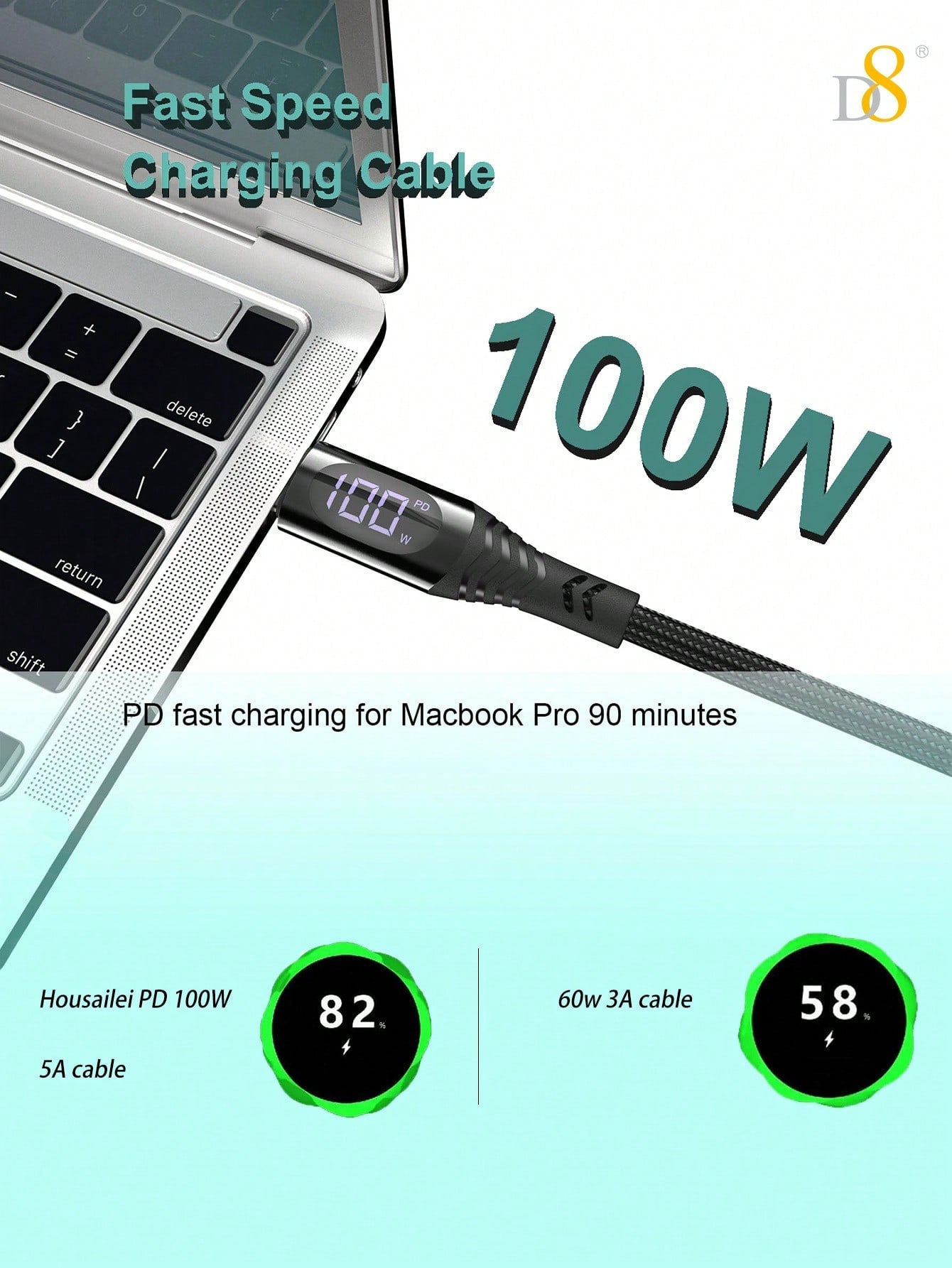 D8 USB-C to USB-C 고속 충전 케이블 100W/5A PD / LED 실시간 전력 표시 / 나일론 꼬임 방지 / 1.2M 길이