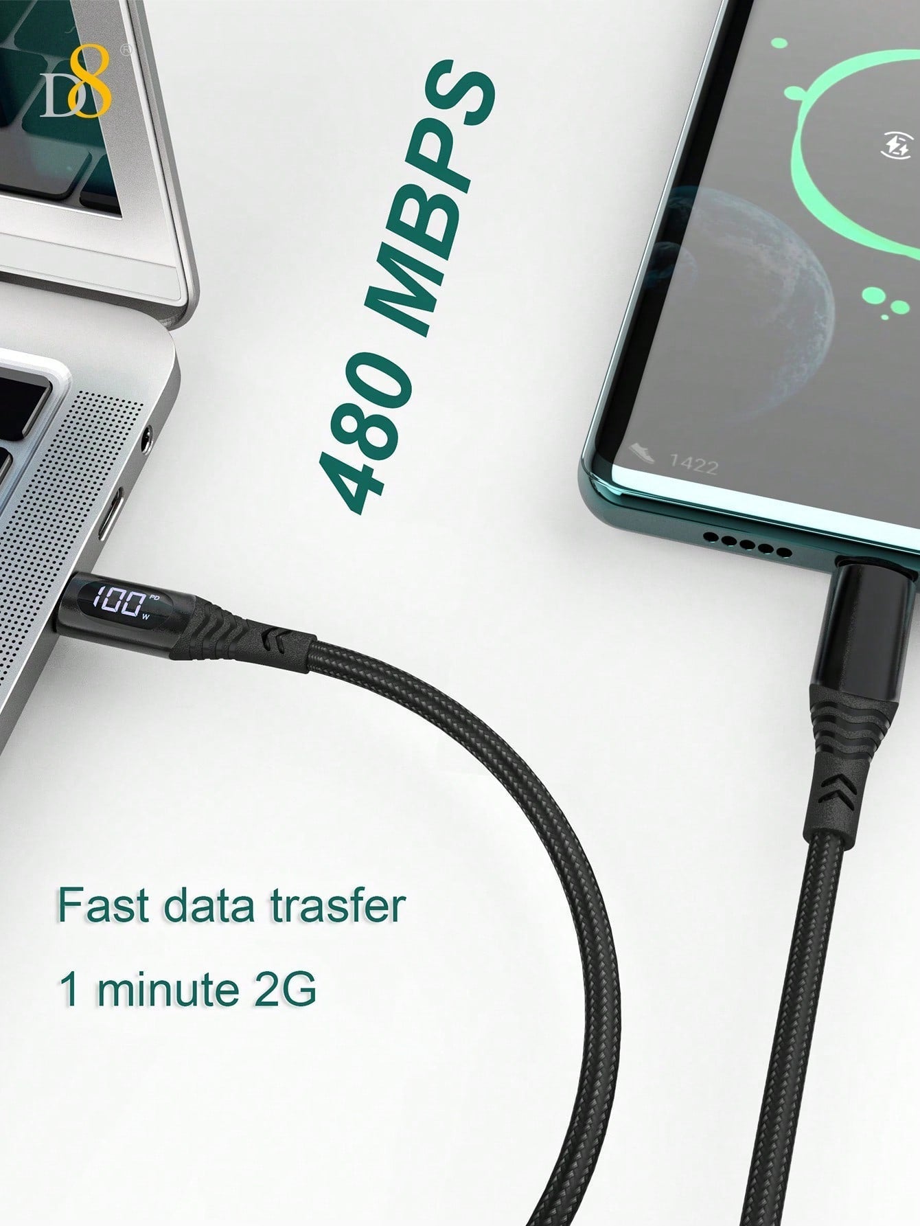 D8 USB-C to USB-C 고속 충전 케이블 100W/5A PD / LED 실시간 전력 표시 / 나일론 꼬임 방지 / 1.2M 길이