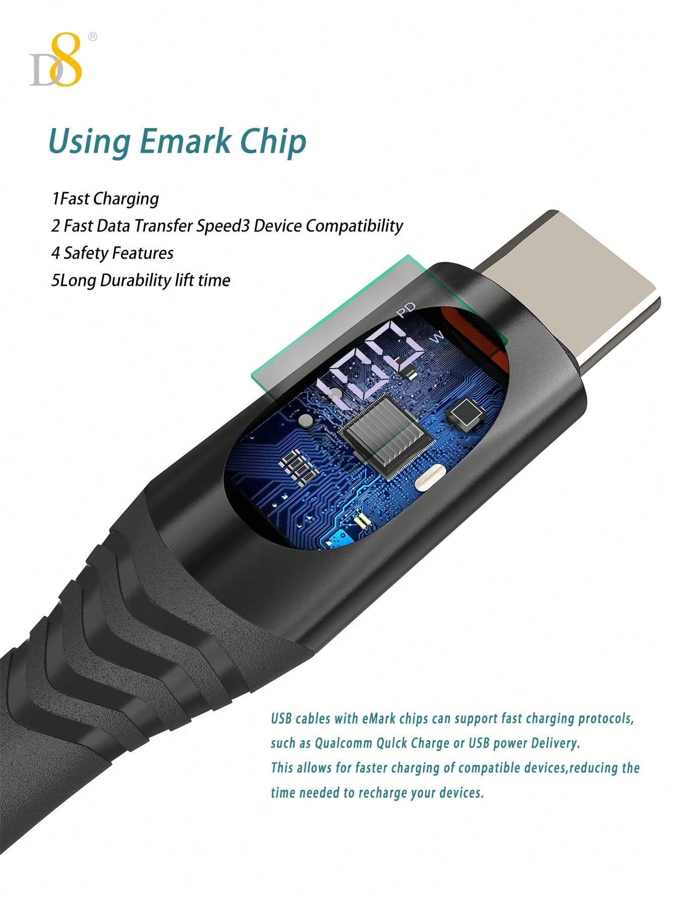 D8 USB-C to USB-C 고속 충전 케이블 100W/5A PD / LED 실시간 전력 표시 / 나일론 꼬임 방지 / 1.2M 길이