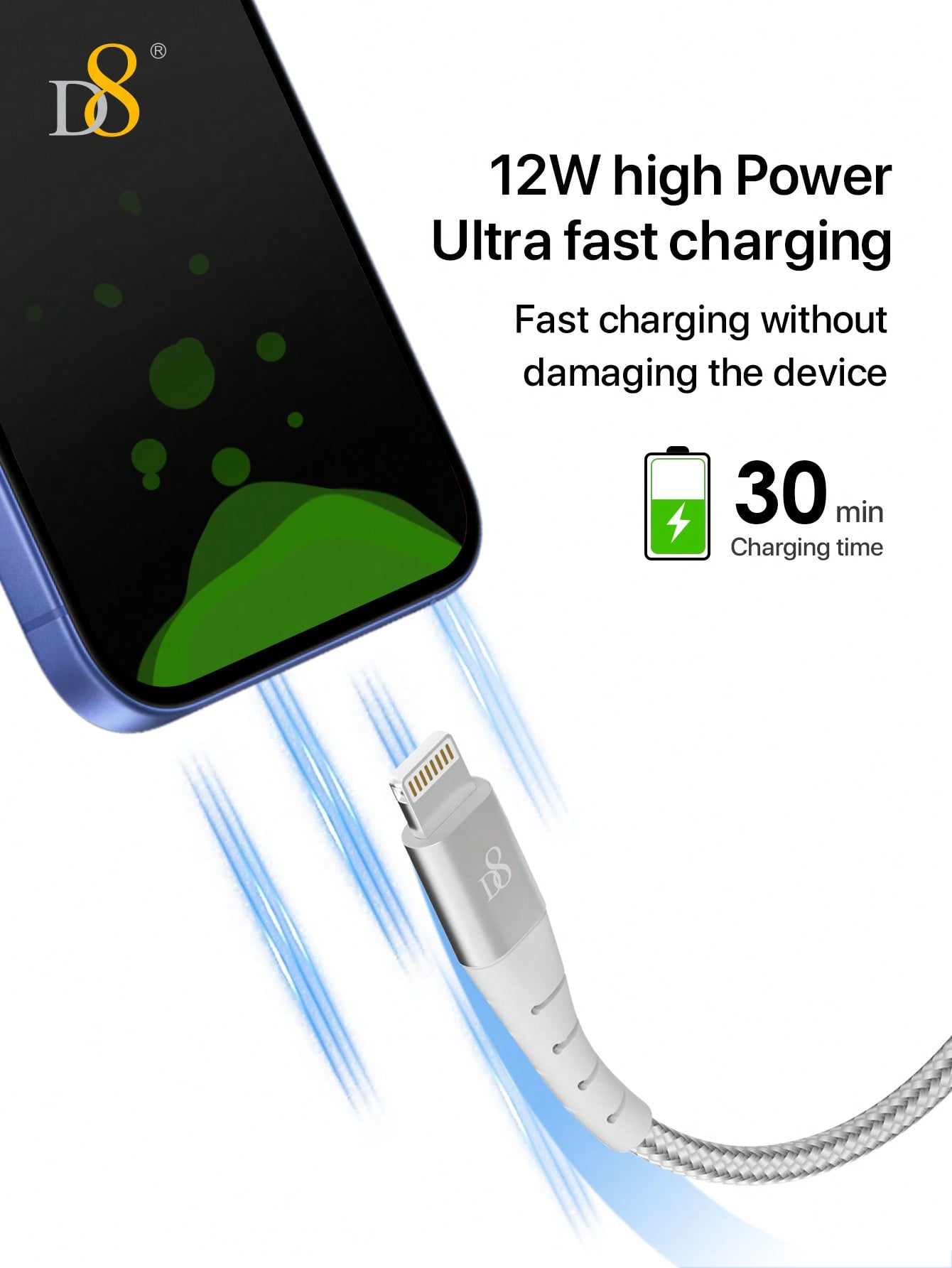D8 아이폰 충전 케이블 (2개입) MFi 인증 | 1m (3.3FT) | USB-A to Lightning | 고속충전 & 데이터전송 | 나일론 브레이디드