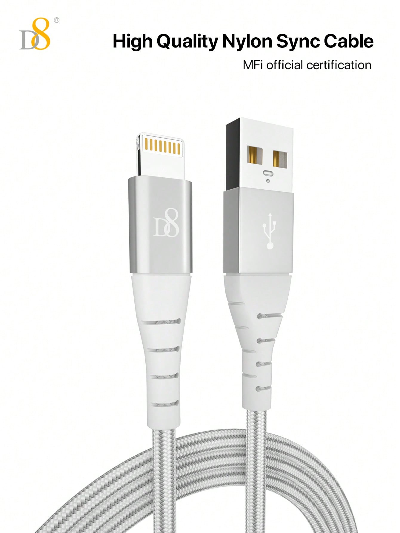 D8 아이폰 충전 케이블 (2개입) MFi 인증 | 1m (3.3FT) | USB-A to Lightning | 고속충전 & 데이터전송 | 나일론 브레이디드