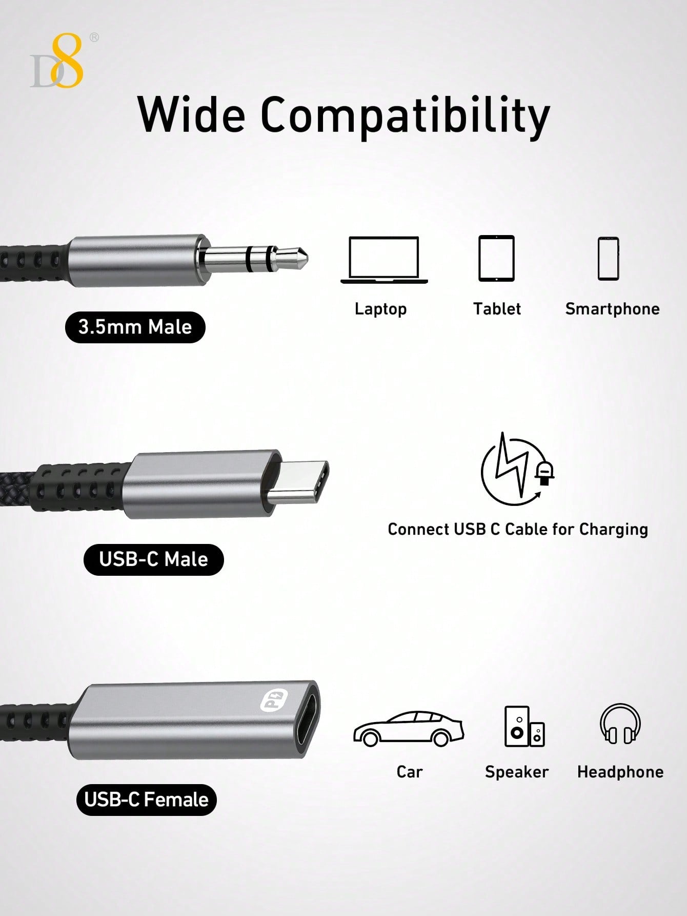 D8 USB-C to 3.5mm 오디오 + 충전 케이블 2-in-1 AUX & PD 60W 고속 충전 | 아이폰 16, 갤럭시 S24, 픽셀 등 호환 | 오디오+충전 동시 지원