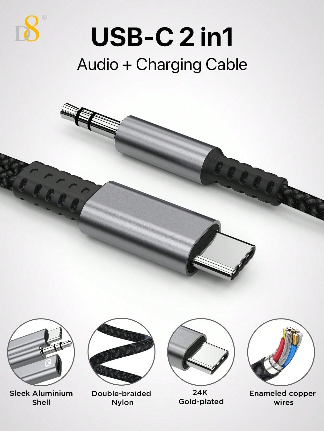 D8 USB-C to 3.5mm 오디오 + 충전 케이블 2-in-1 AUX & PD 60W 고속 충전 | 아이폰 16, 갤럭시 S24, 픽셀 등 호환 | 오디오+충전 동시 지원