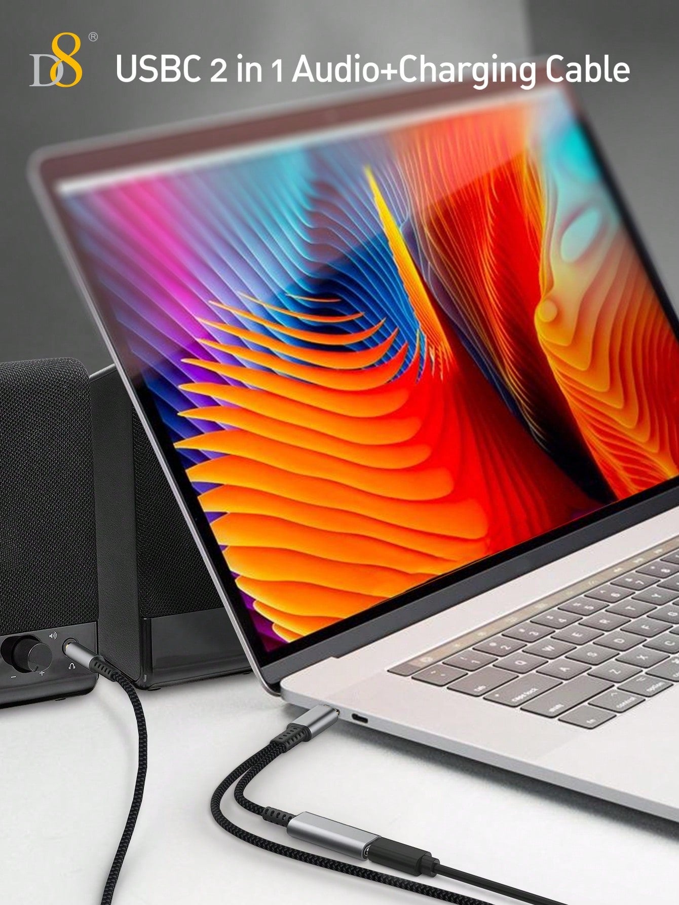 D8 USB-C to 3.5mm 오디오 + 충전 케이블 2-in-1 AUX & PD 60W 고속 충전 | 아이폰 16, 갤럭시 S24, 픽셀 등 호환 | 오디오+충전 동시 지원