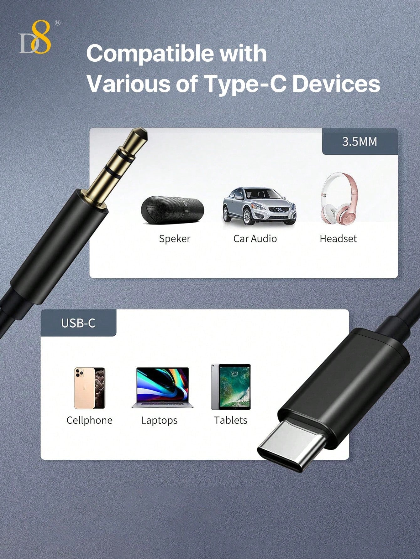 D8 USB-C to 3.5mm 오디오 케이블 (1m) iPhone 16, Galaxy S24, Pixel, iPad Pro 호환 | 고음질 | 내구성 강화 | 차량 & 이어폰 연결 최적화