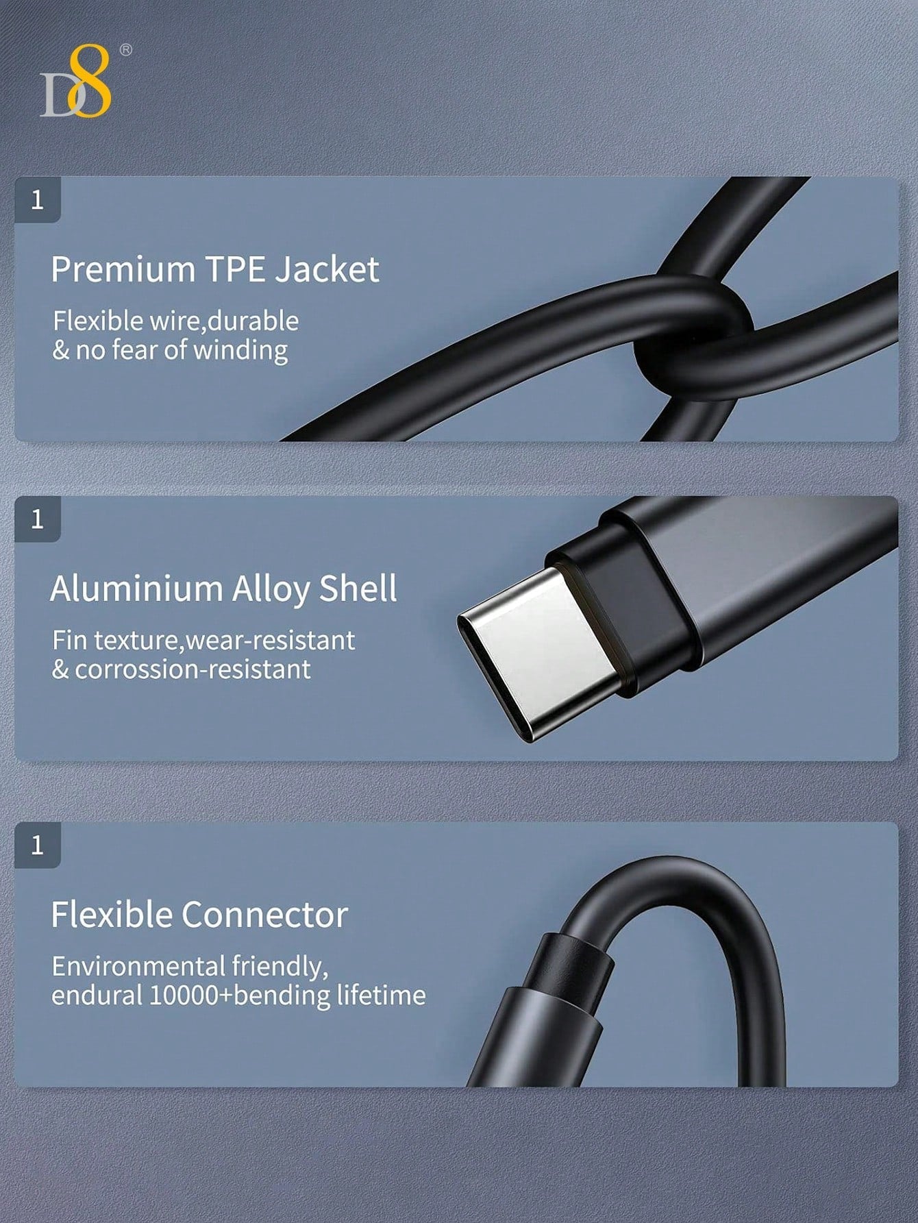 D8 USB-C to 3.5mm 오디오 케이블 (1m) iPhone 16, Galaxy S24, Pixel, iPad Pro 호환 | 고음질 | 내구성 강화 | 차량 & 이어폰 연결 최적화
