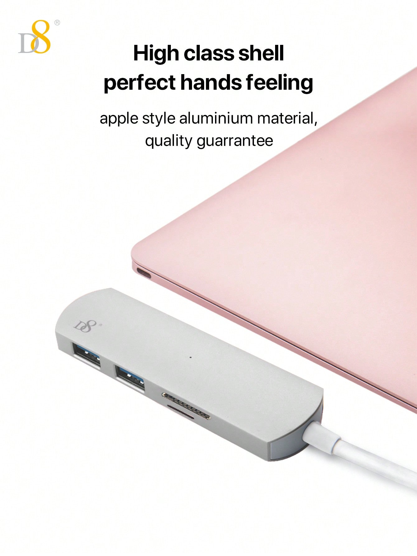 D8 4-in-1 USB-C 허브 USB-C · USB 3.0 x2 · SD/TF 리더기 탑재! 5Gbps 고속 전송 · 알루미늄 바디 · 플러그 앤 플레이