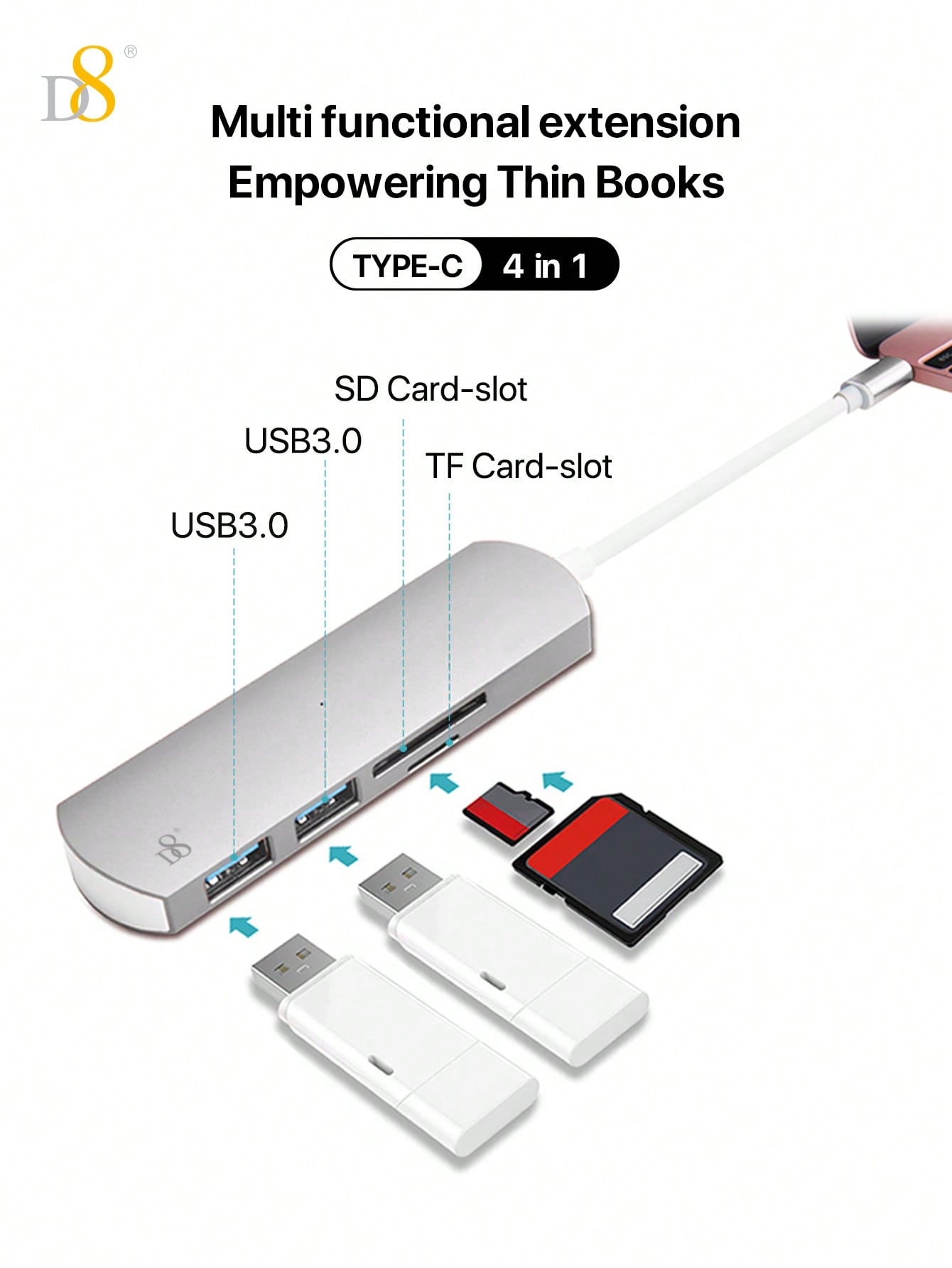 D8 4-in-1 USB-C 허브 USB-C · USB 3.0 x2 · SD/TF 리더기 탑재! 5Gbps 고속 전송 · 알루미늄 바디 · 플러그 앤 플레이