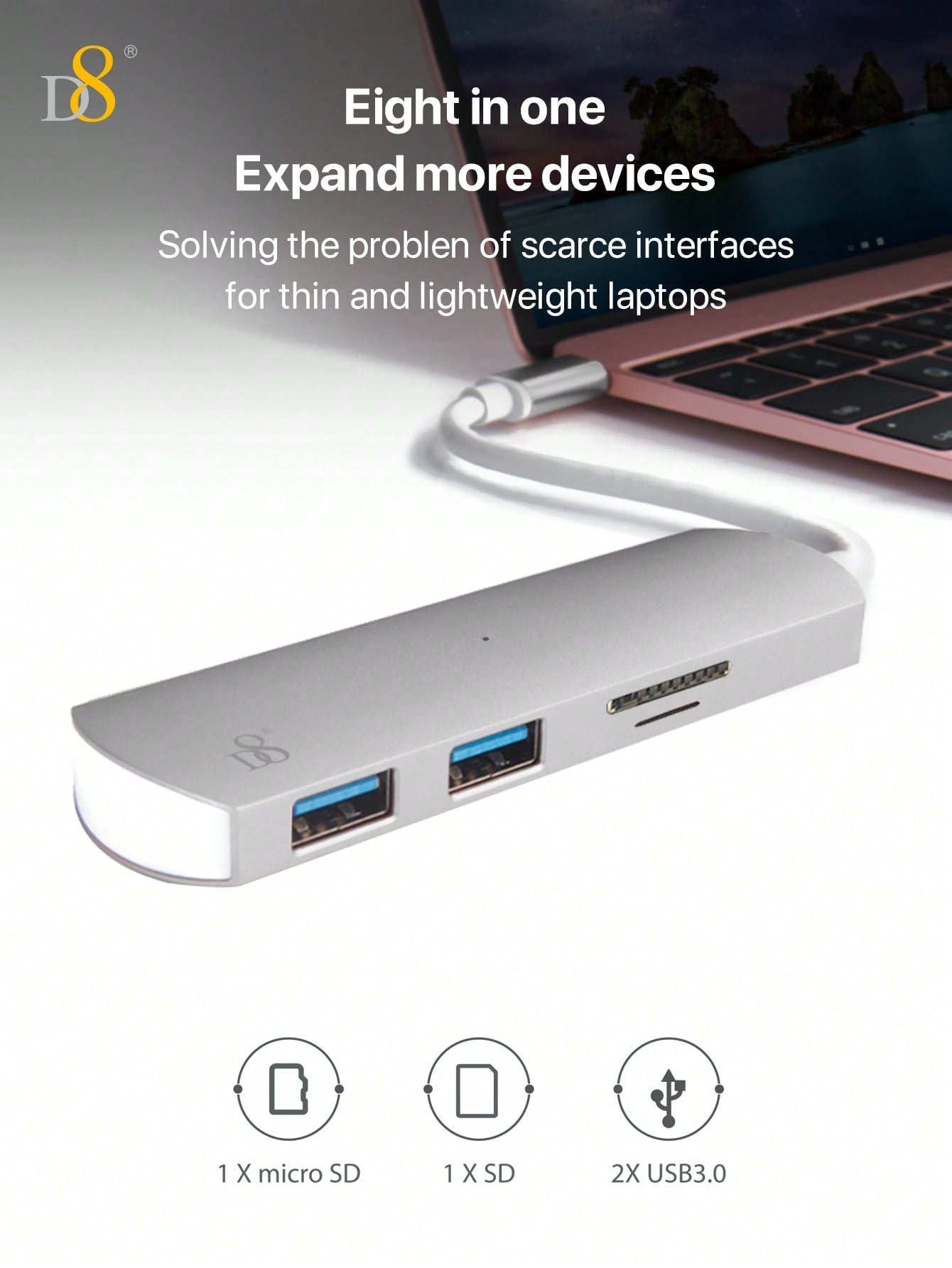 D8 4-in-1 USB-C 허브 USB-C · USB 3.0 x2 · SD/TF 리더기 탑재! 5Gbps 고속 전송 · 알루미늄 바디 · 플러그 앤 플레이