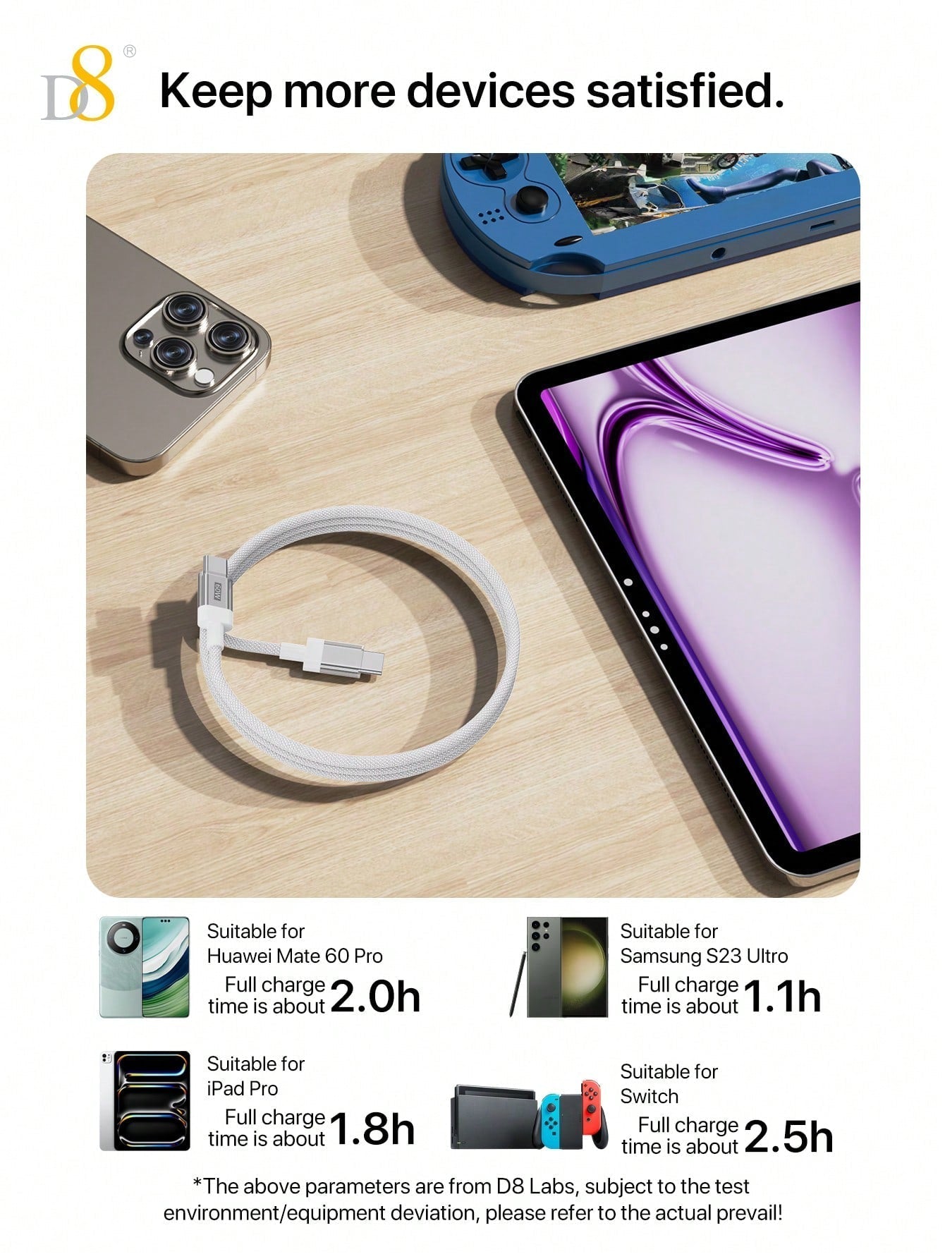 D8 USB-C 고속충전 케이블 (키체인 포함) 60W PD 지원 / 나일론 브레이드 / 실용적인 키링 디자인